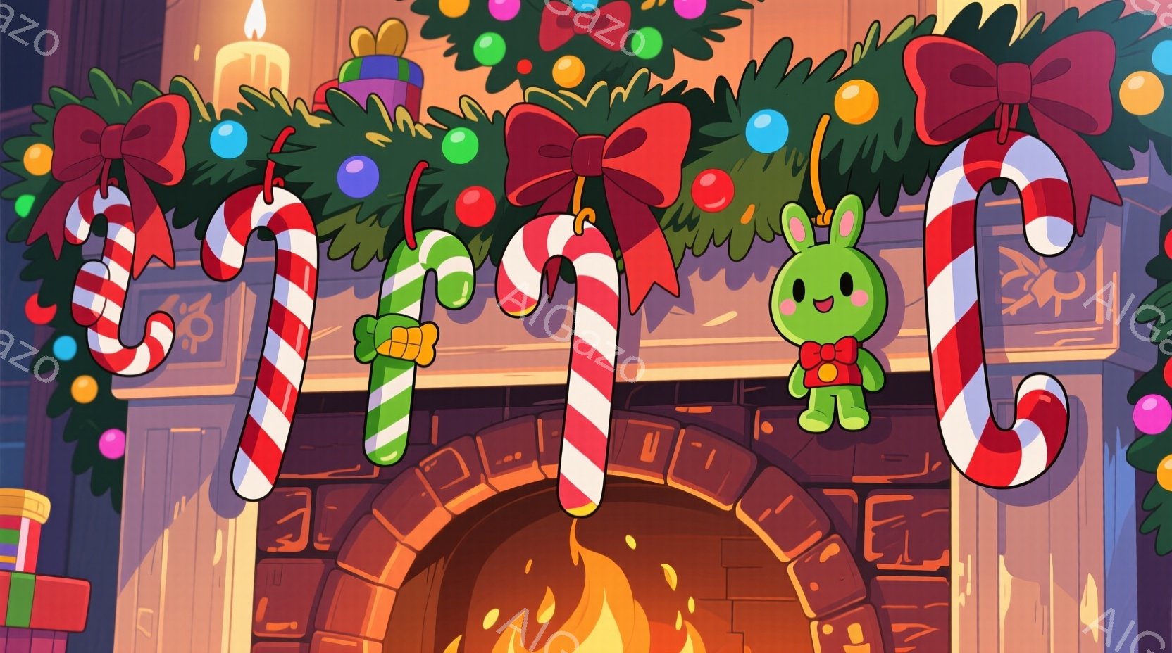 暖炉の上にクリスマスの飾り付けが施されており、キャンディケーンやオーナメント、そして緑色のリボンで飾られたクリスマスツリーが並んでいます。中央には、緑色の服を着た小さなウサギが立っており、嬉しそうな表情を浮かべています。背景の暖炉はレンガ造りで、炎が暖かく灯っており、全体的に温かく、お祝いの雰囲気が漂っています。