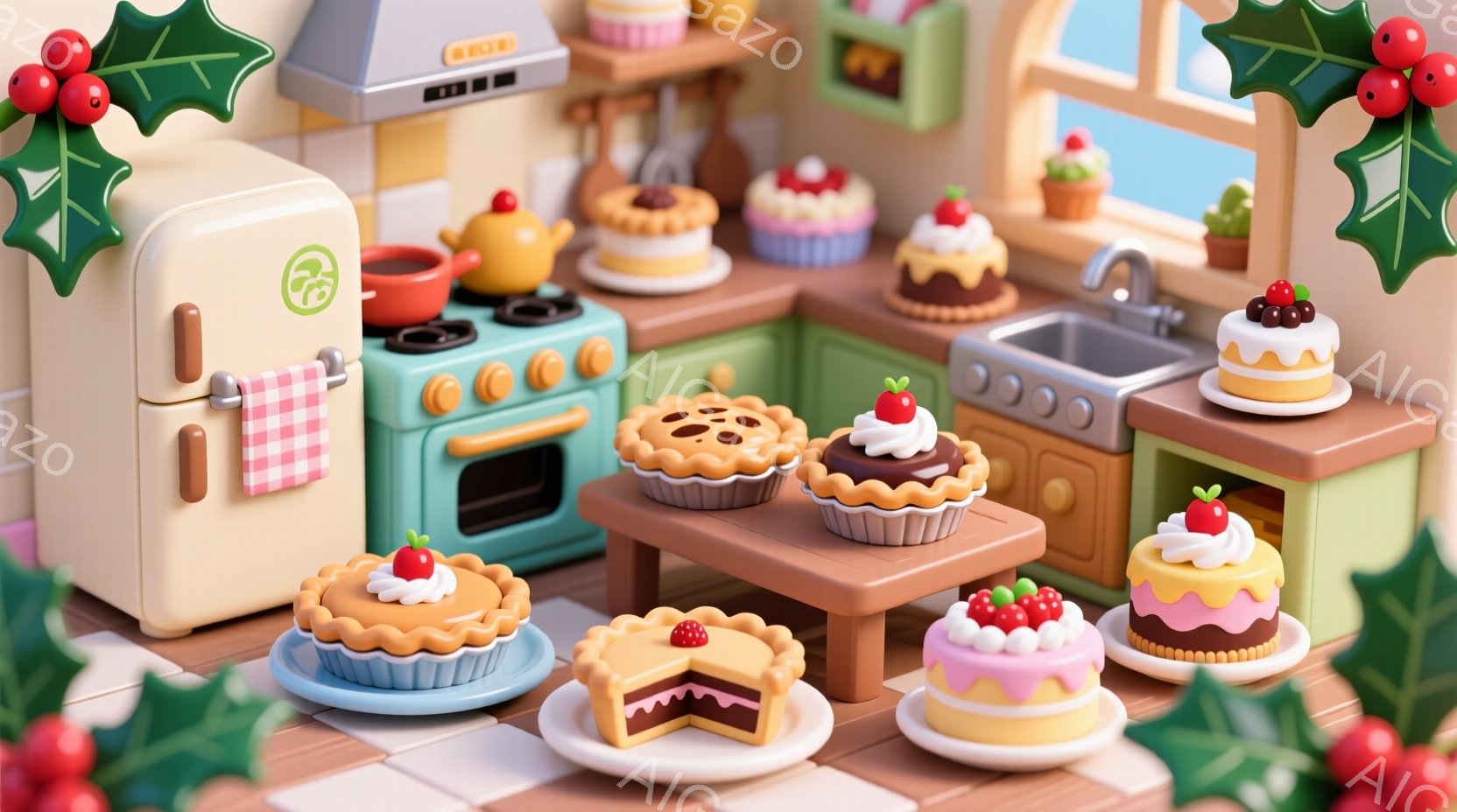 暖炉と窓のある可愛らしいキッチンが描かれています。クリームとベリーで飾られた様々なケーキやパイがキッチンカウンターに並べられ、温かく幸せな雰囲気を醸し出しています。背景には緑色の葉と赤い実があり、季節感を感じさせます。