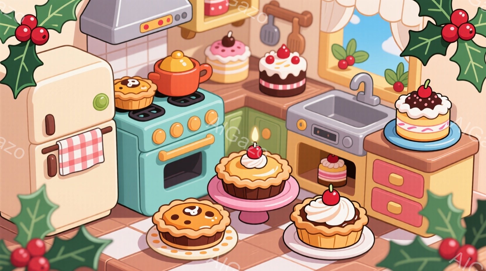 かわいらしいキッチンが描かれており、ターコイズ色のコンロの上には、蒸し鍋やパイが置かれています。ピンクやオレンジ色の可愛らしいケーキやタルトがテーブルやカウンターに並べられ、クリスマスの飾り付けである葉っぱや赤い実で囲まれています。全体的に温かく、お菓子作りに満ちた、幸せな雰囲気が漂っています。