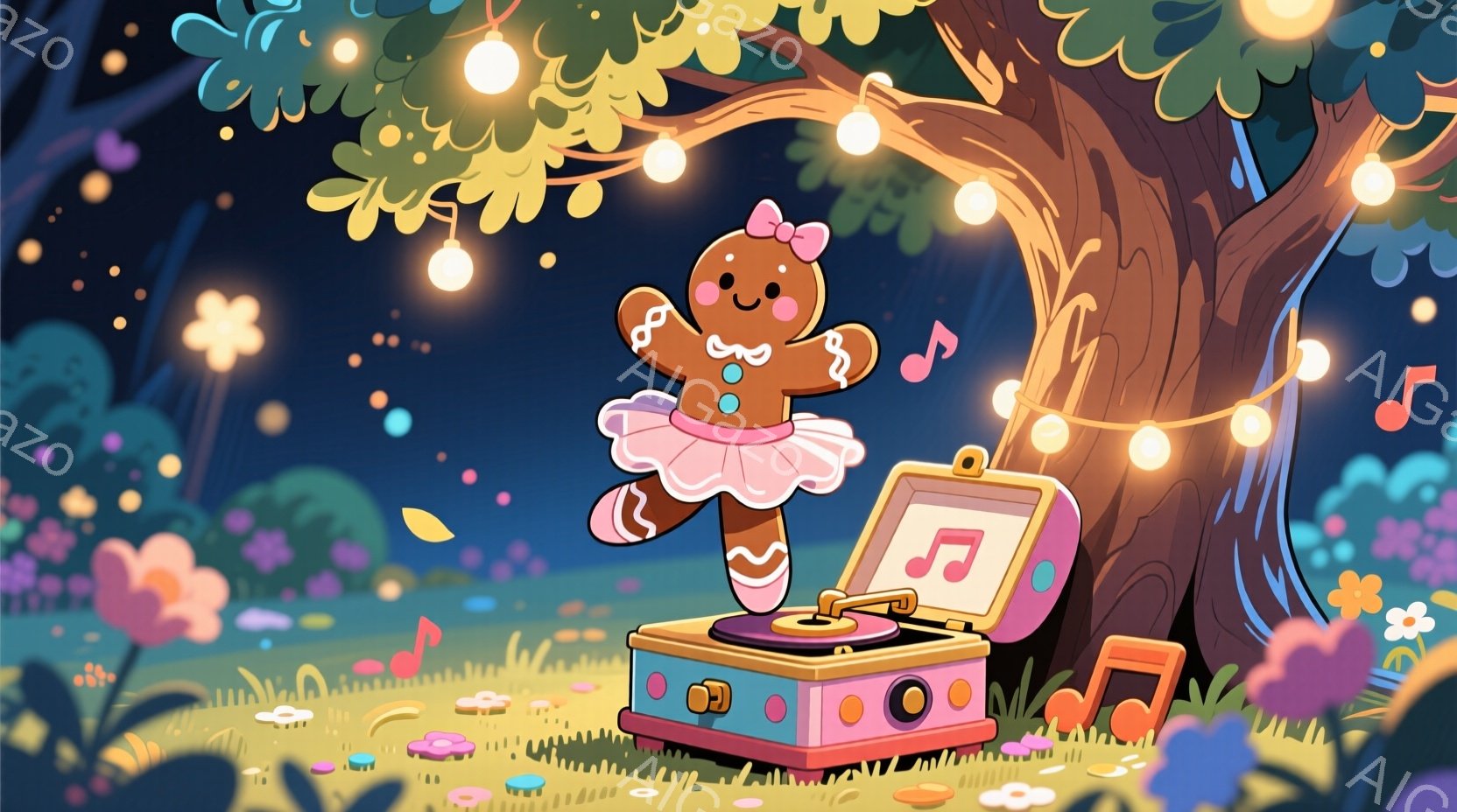 ジンジャーブレッドマンがピンクのチュールスカートとリボン、そして白い靴下を履いてバレエのポーズを取っています。背景には、ピンクや紫の花々が生い茂り、懐かしいレコードプレーヤーが設置されています。温かい光のイルミネーションが木々の間を飾り、夢のような、お祭り気分のような雰囲気を醸し出しています。