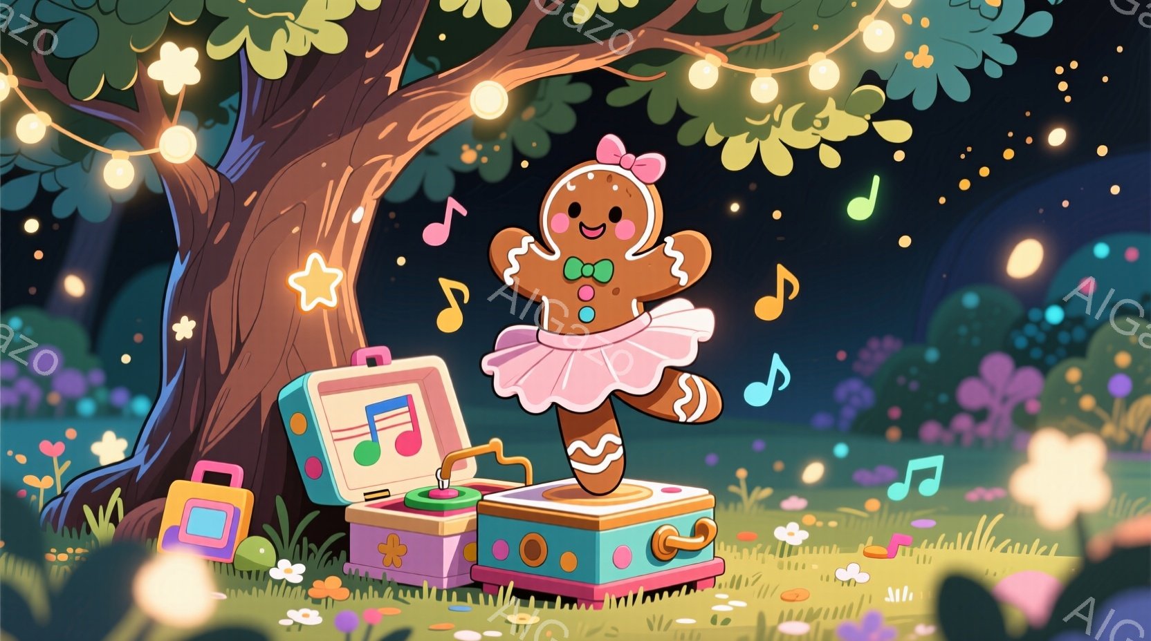人型のジンジャーブレッドクッキーが、ピンクのチュールスカートを身につけ、片足を上げてバレエのポーズをとっています。背景には、音楽が流れるレトロなラジオと、緑豊かな草地、木々、そしてきらめく光が散りばめられた夜の風景が広がっています。全体的に、かわいらしく、夢のような、おとぎ話のような雰囲気が漂っています。