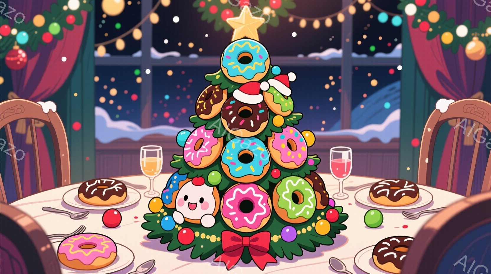 クリスマスをテーマにしたイラストで、ドーナツで作られたクリスマスツリーが食卓の中央に飾られています。テーブルには、ドーナツ、緑色の丸いもの、赤い実のようなものが置かれ、フォークやナイフ、グラスも配置されています。背景には、雪が降る夜の風景が見え、温かく楽しいクリスマスの雰囲気が漂っています。