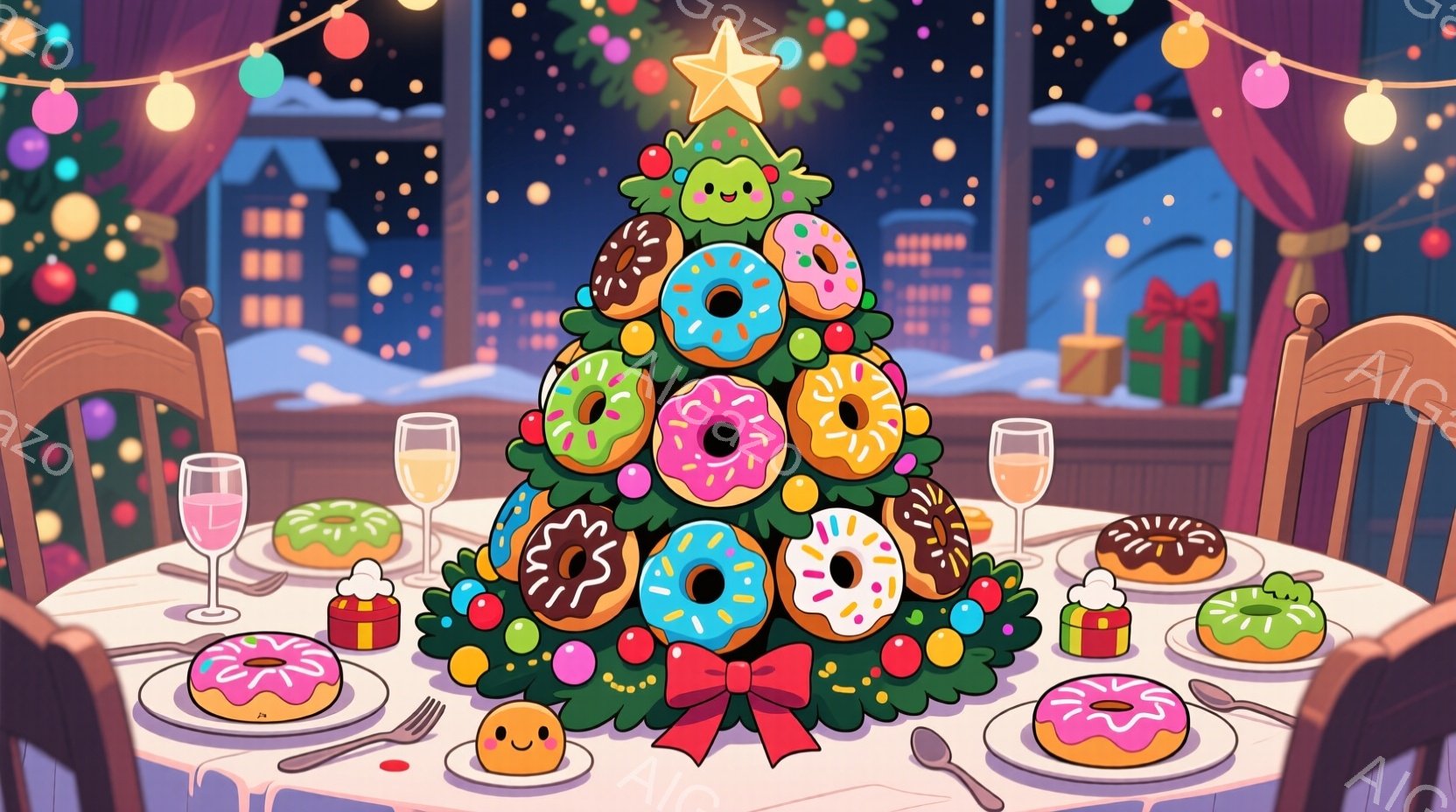 クリスマスディナーのテーブルには、ドーナツで飾られたユニークなクリスマスツリーが中央に置かれています。テーブルの周りには、ドーナツや小さなケーキ、そしてシャンパンのグラスが並び、暖かく楽しい雰囲気を醸し出しています。背景には、夜景が広がり、きらめく光が冬の祝祭の喜びを強調しています。