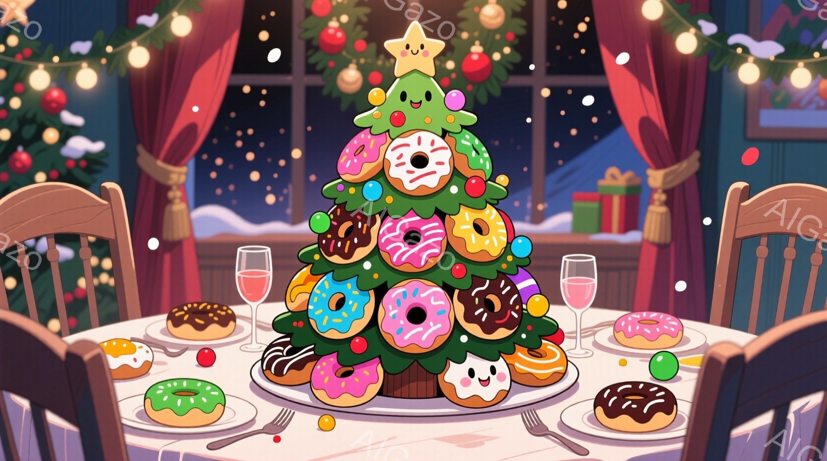 ドーナツでできたクリスマスツリーが食卓に飾られ、周りには様々な種類のドーナツが盛り付けられた皿が並んでいます。窓の外は雪景色で、室内は温かい光に包まれ、お祝いの雰囲気が漂っています。まるでドーナツパーティーを開いているような、幸せで楽しい光景です。