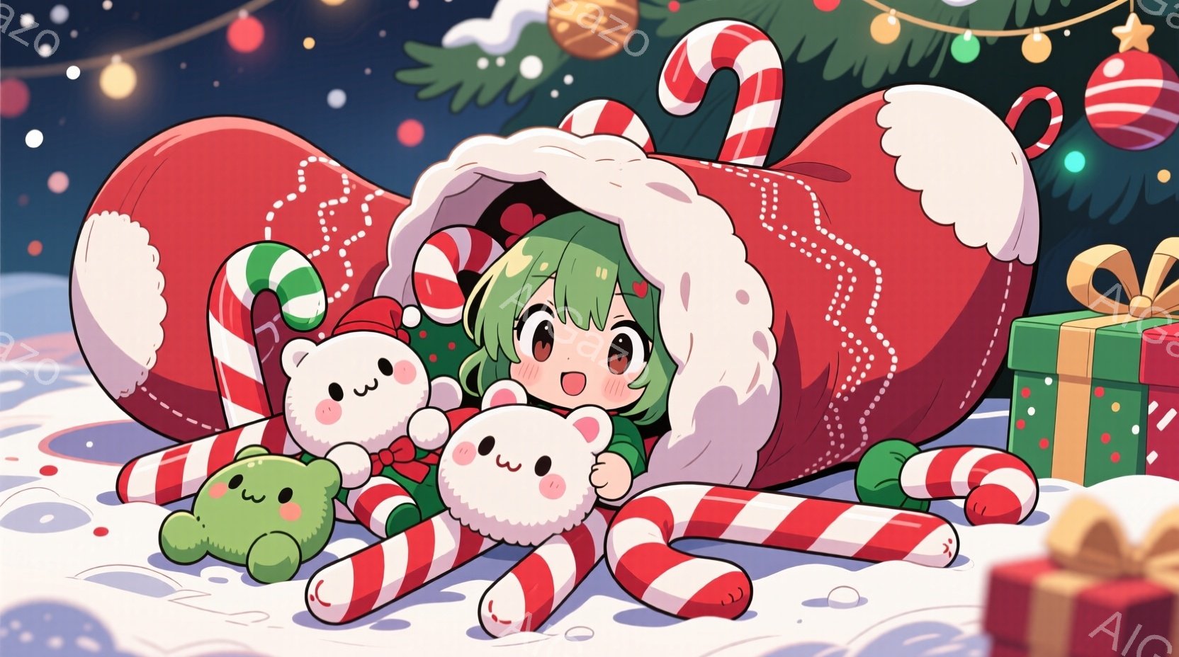 緑色の髪をツインテールにした少女が、赤いストッキングの中から顔を出しています。彼女は驚いたような表情で、周囲にはキャンディケーンと可愛らしい緑色のクマのぬいぐるみが散らばっています。背景には雪が降り、クリスマスツリーとプレゼントが飾られ、全体的に温かく、お祝いの雰囲気です。