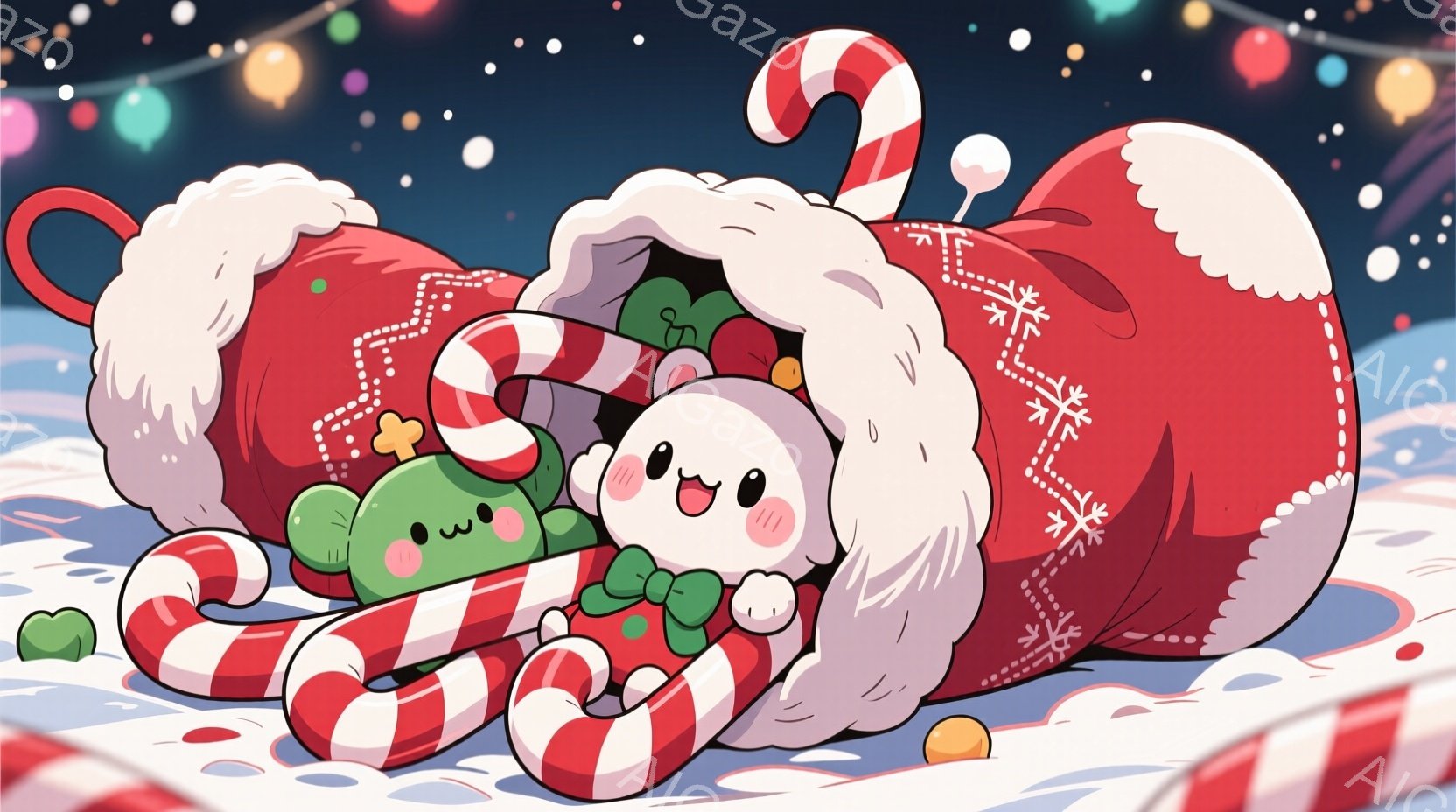 白いふわふわの帽子をかぶった可愛らしいキャラクターが、赤いクリスマスストッキングの中に座っています。緑色の小さなサボテンも一緒で、周りにはキャンディケーンが散らばっており、冬の楽しい雰囲気が漂っています。背景は白く、カラフルなクリスマスライトが点在し、お祝いのムードを高めています。