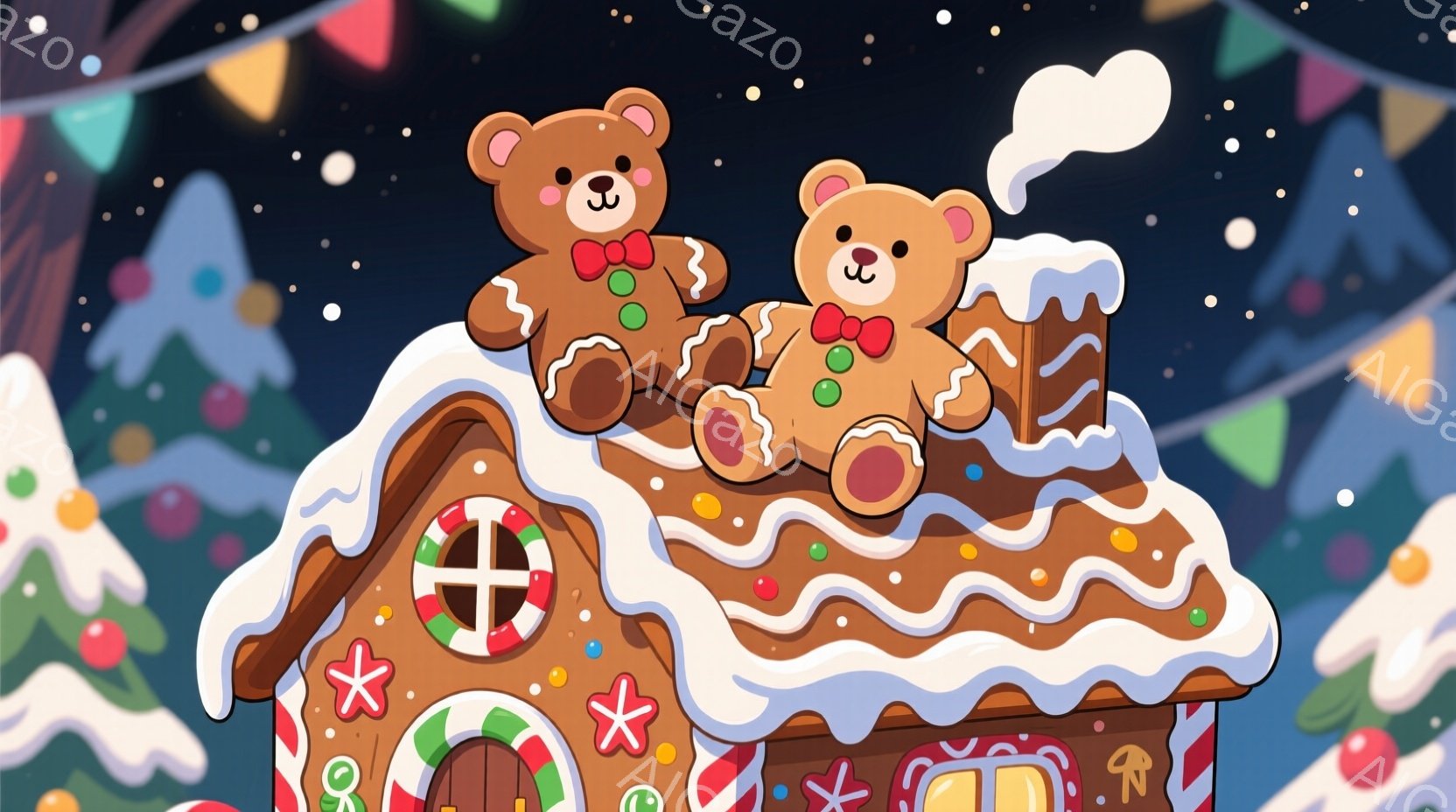 クリスマスをテーマにしたイラストで、ジンジャーブレッドハウスの屋根の上に2匹のテディベアが座っています。テディベアはそれぞれ赤いリボンをつけており、可愛らしい表情をしています。背景には、クリスマスツリーやカラフルなガーランドが見え、雪が舞う暖かく楽しい雰囲気が漂っています。