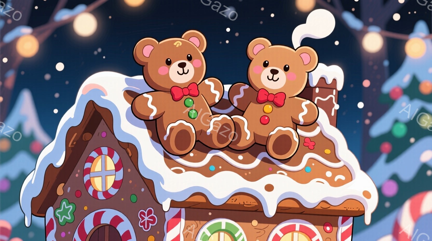 屋根の上に座っている2匹のテディベアが描かれています。それぞれ赤いリボンで結ばれており、穏やかな表情をしています。背景にはジンジャーブレッドハウス、雪、そしてぼんやりと見える木々があり、クリスマスの暖 - AI生成フリー素材