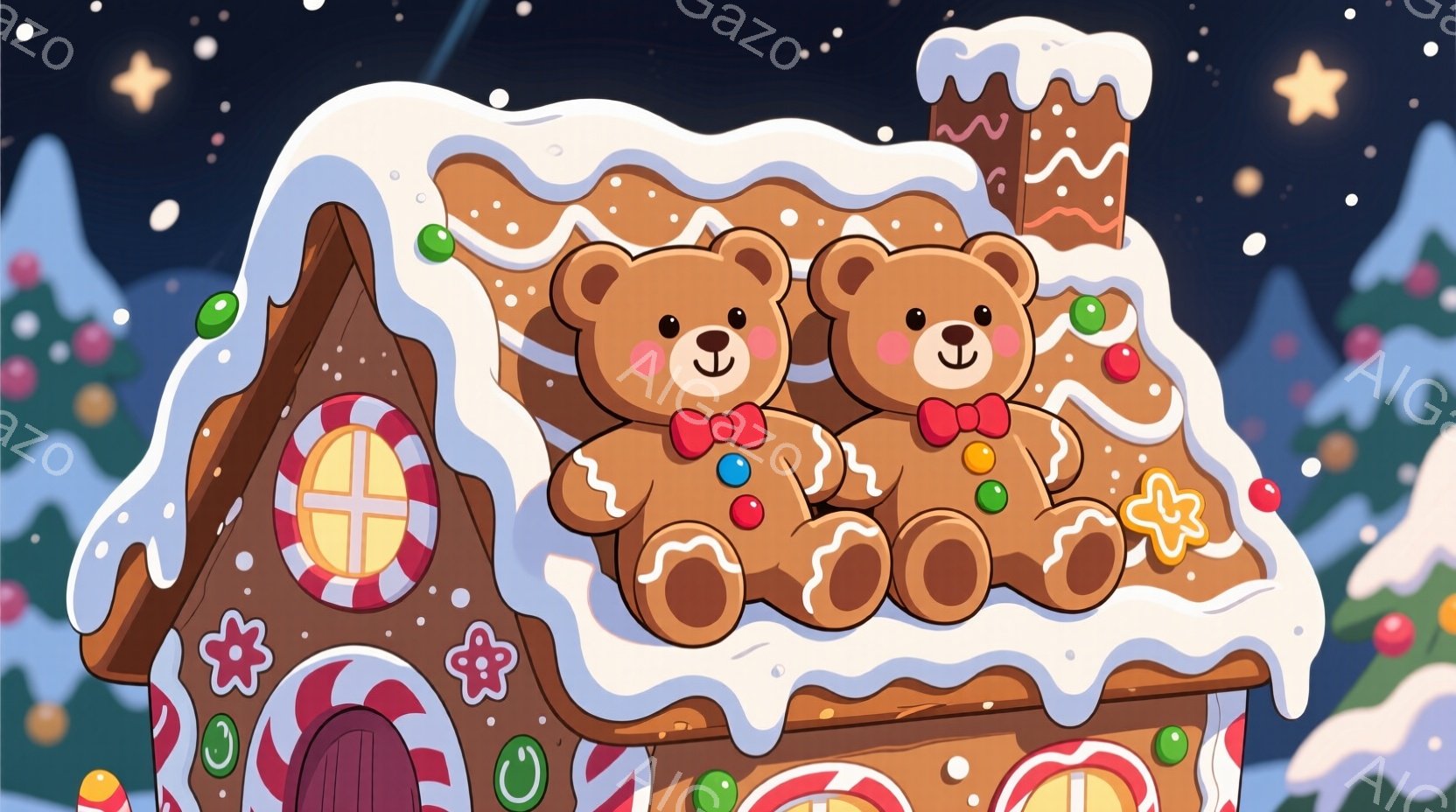 屋根の上に二匹の可愛らしいクマのぬいぐるみが座っています。家はジンジャーブレッドで作られており、キャンディケーンやカラフルなクッキー、アイシングで飾られています。背景は暗い青色で、雪が舞い、星が輝いて - AI生成フリー素材