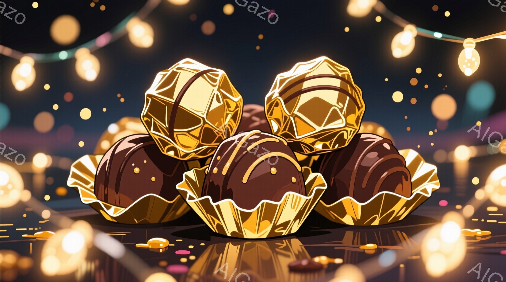 チョコレートがいくつか、金色の包装紙に包まれて積み重ねられています。背景には、ぼやけた金色の光の玉が散りばめられ、まるでパーティー会場のような華やかな雰囲気です。チョコレートの表面は光沢があり、高級感と美味しさを感じさせます。