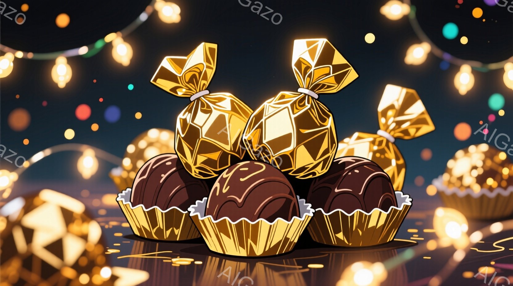 チョコレートが紙製のカップに入り、金色の包装紙で華やかに飾られています。背景には、ぼやけた金色の光が散りばめられており、まるでパーティーの華やかな雰囲気を演出しています。全体的に甘くて贅沢な、お祝いの - AI生成フリー素材