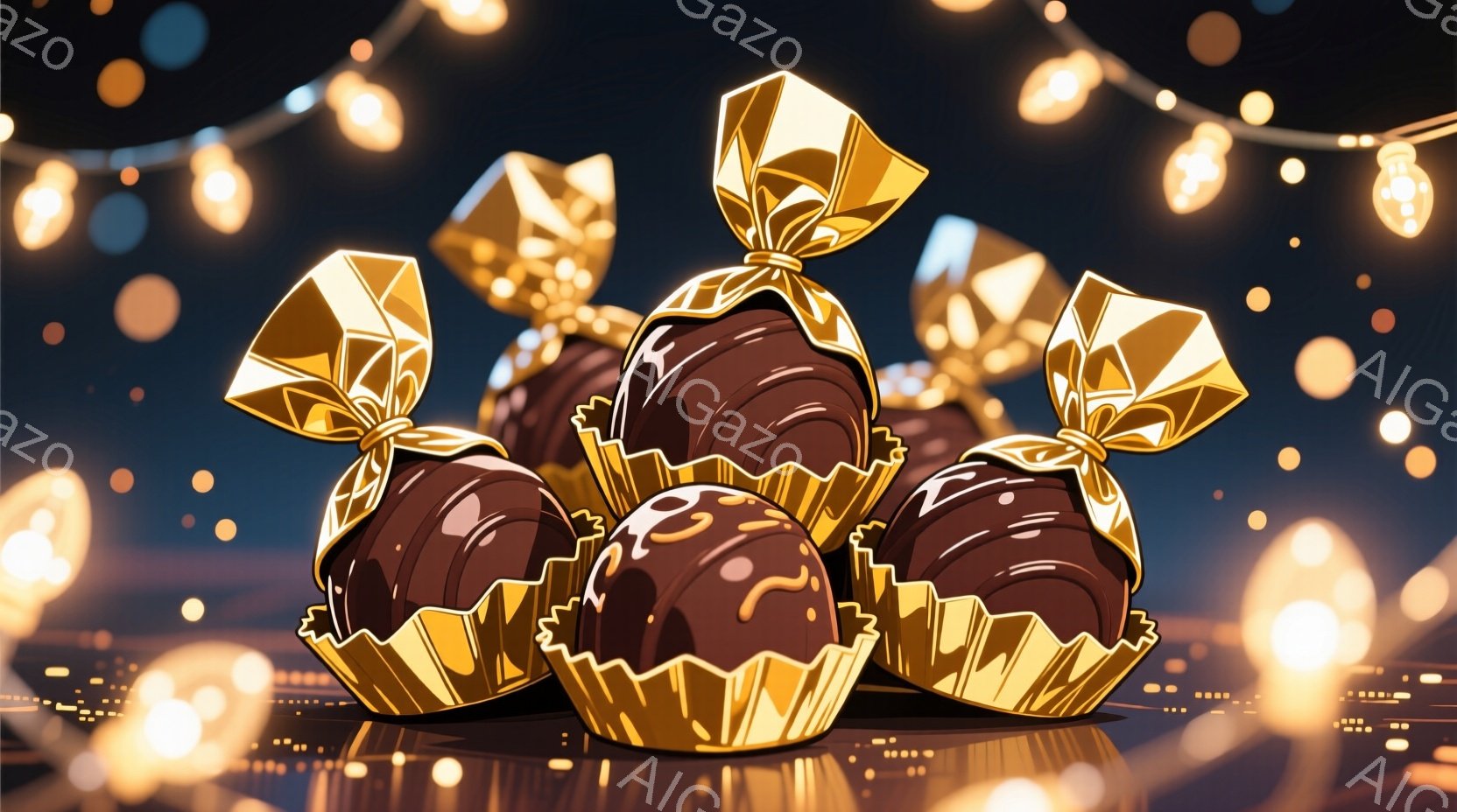 金色の包み紙で丁寧に包まれたチョコレートがいくつか積み重なって写っています。背景はぼやけた光の粒子で満たされ、まるで夜空の星のようにきらめいています。全体的に、暖かく、甘く、お祝いの雰囲気が漂っていま - AI生成フリー素材