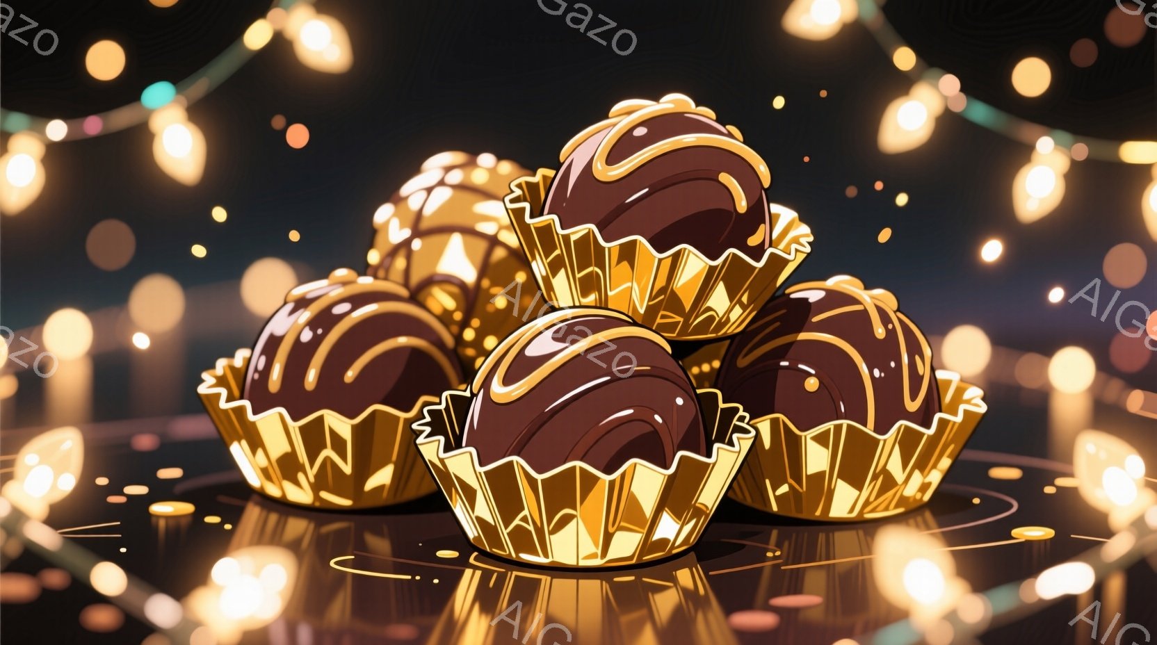 チョコレートのカップに入ったものが５つ、光り輝く背景に置かれています。チョコレートは濃い茶色で、明るい色のクリームが上からかけられています。背景にはぼやけた金の光が散りばめられ、全体的に上品で甘い雰囲気を醸し出しています。