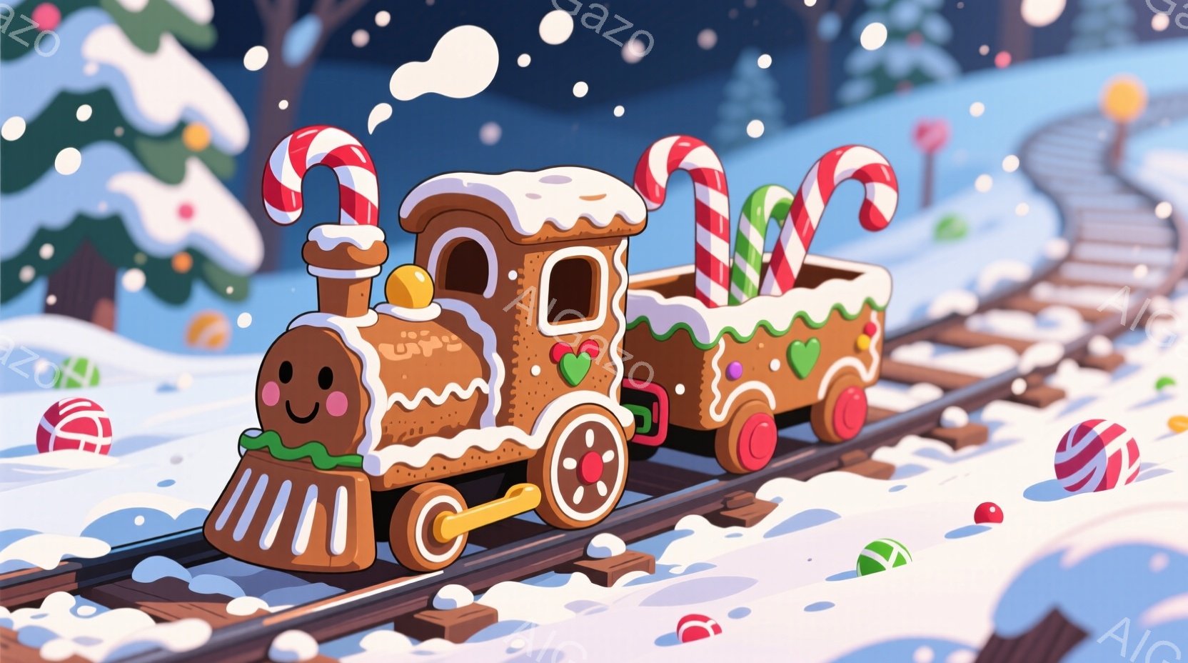 雪景色の中、ジンジャーブレッドで作られた列車が線路の上を走っています。列車はキャンディケーンの煙突や、カラフルな飾りで飾られ、可愛らしい表情をしています。背景には雪に覆われた木々と、遠くに見える雪景色 - AI生成フリー素材