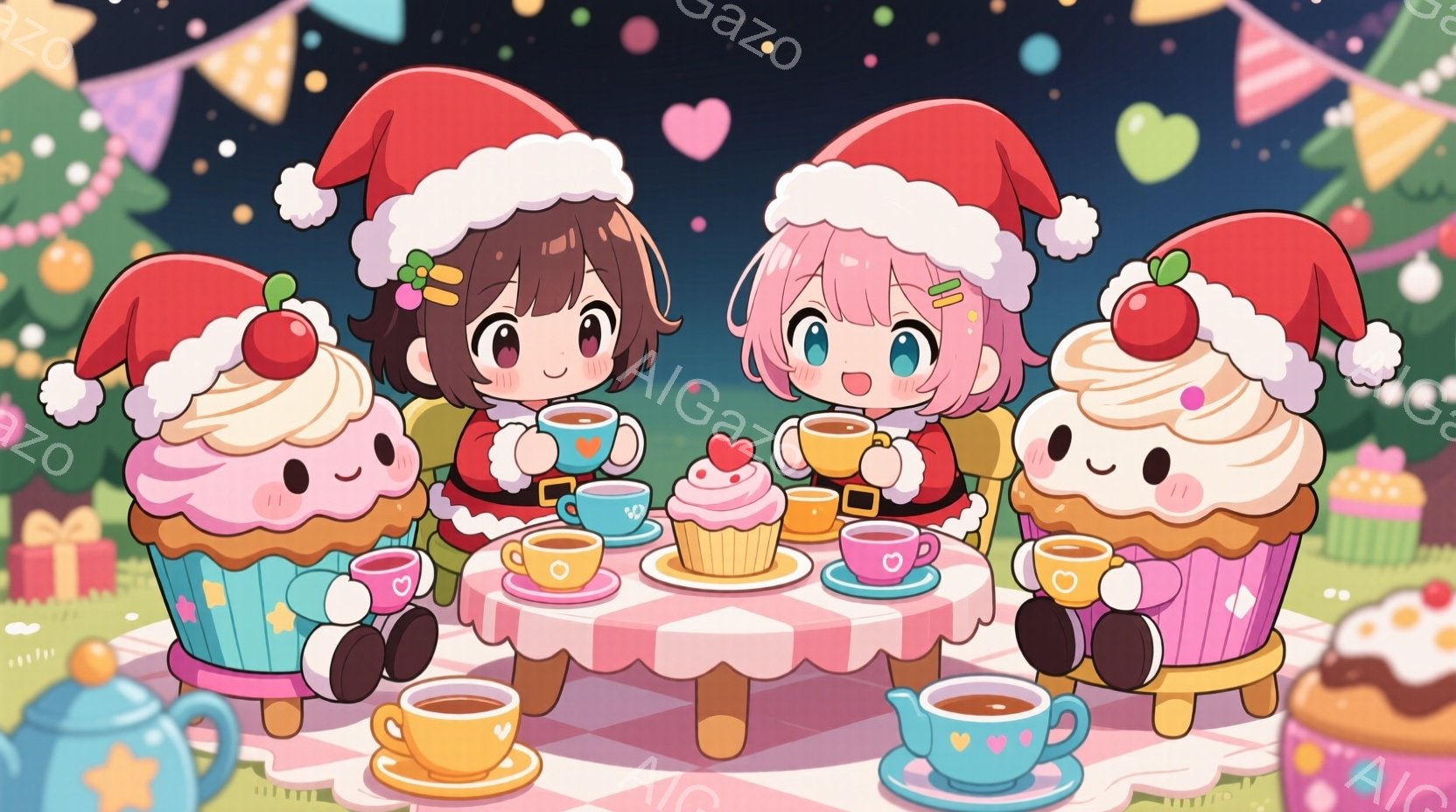 鮮やかな背景に、クリスマス風のデコレーションが施されたティーパーティーが開かれています。茶色の髪の女の子、ピンクの髪の女の子、金髪の女の子がそれぞれサンタ帽を被り、可愛らしいカップケーキ型の椅子に座ってティーカップを手にしています。全体的に暖かく、楽しいクリスマスの雰囲気が漂っています。