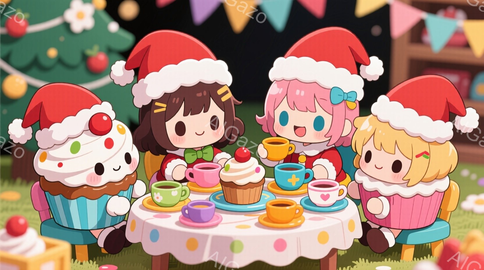 四人の可愛らしい女の子が、クリスマスらしいテーブルを囲んでティーパーティーを楽しんでいる様子が描かれています。それぞれ異なる色の服を着ており、赤いサンタの帽子を被っています。背景には、クリスマスツリーや飾り付けがあり、暖かく楽しい雰囲気が漂っています。