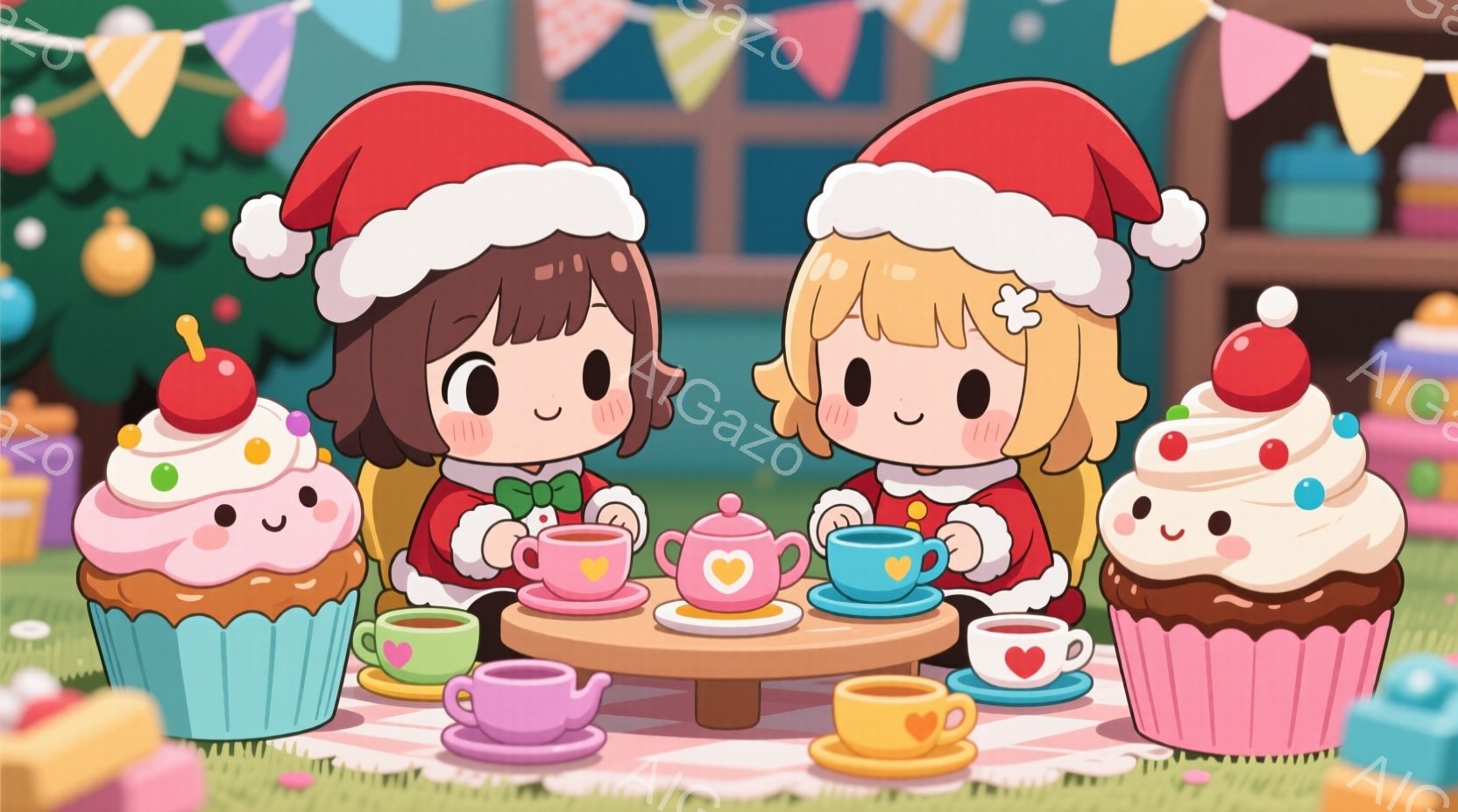 2人の少女がクリスマスの帽子をかぶり、暖かい服装でティーパーティーを楽しんでいます。彼女たちはピンクのテーブルクロスが敷かれた緑の芝生の上に座り、可愛らしいティーセットとカップケーキを囲んでいます。背景にはクリスマスツリーやプレゼントがあり、全体的に暖かく、お祝いムードに満ちた雰囲気です。