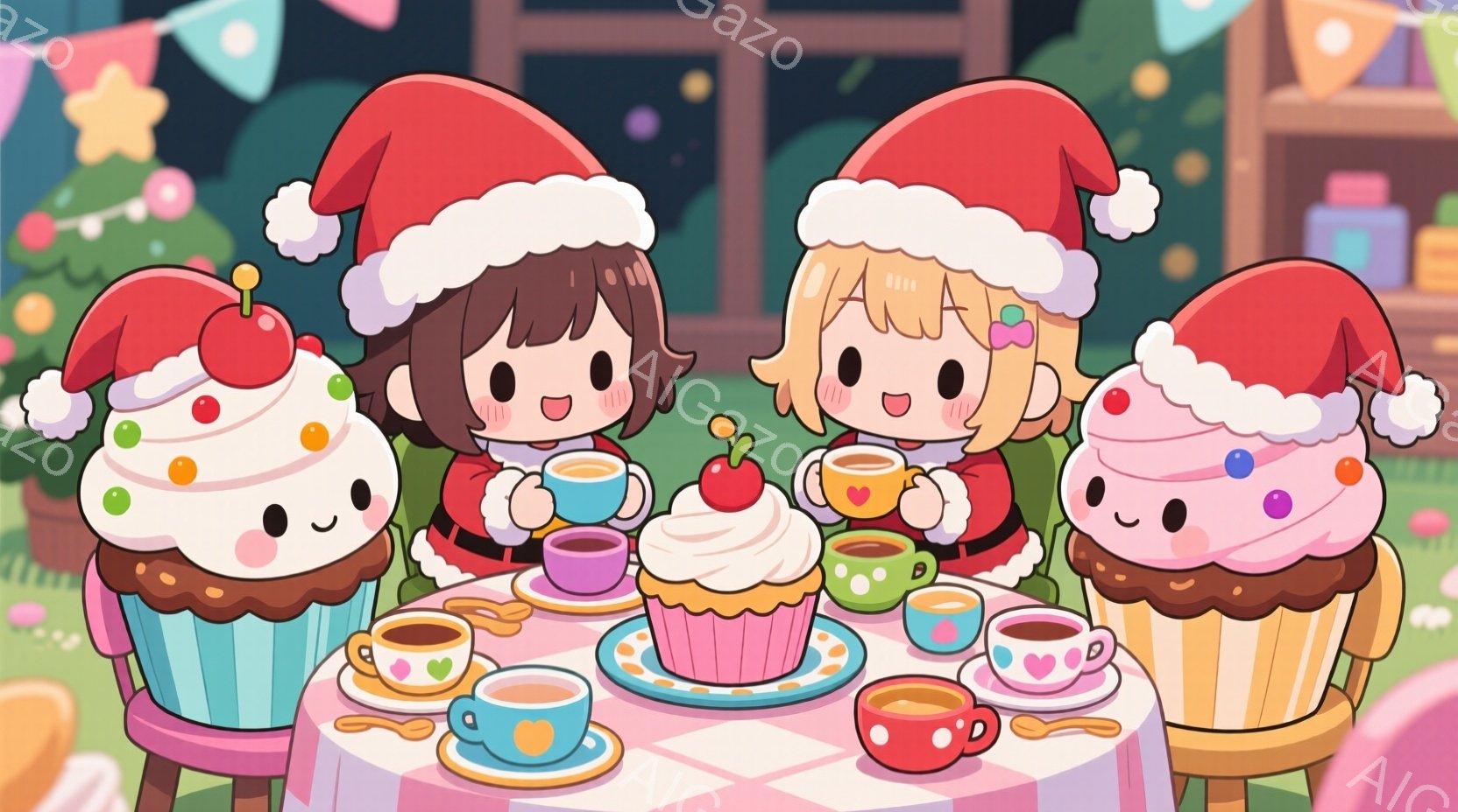 暖炉のそばでティーパーティーを開いている、可愛らしい女の子たちが描かれています。赤と白のサンタ帽をかぶり、それぞれがカップを持ってティータイムを楽しんでいる様子で、表情は穏やかで幸せそうです。背景にはクリスマスツリーやプレゼント、暖炉が見え、冬の暖かいお祝いの雰囲気が漂っています。