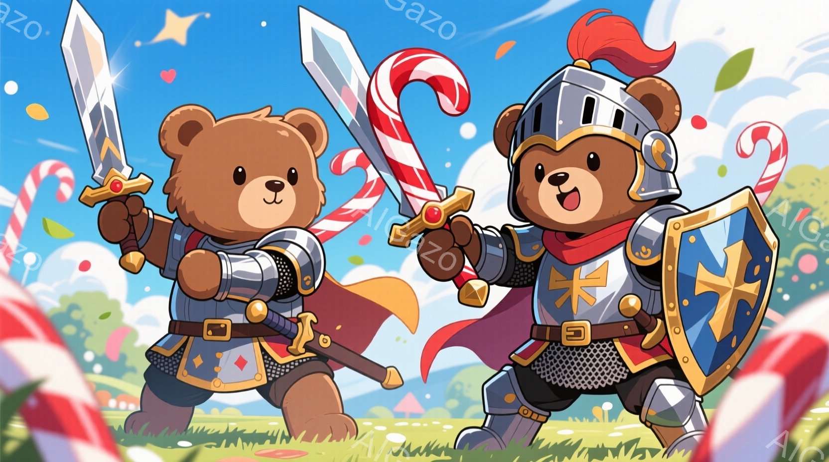 中世の騎士の衣装を着た2匹の愛らしいクマが描かれています。彼らはそれぞれ剣と盾を持っており、決意に満ちた表情で正面を向いています。背景は緑の草原、花、キャンディケーンで彩られ、晴れた空が広がっており、 - AI生成フリー素材