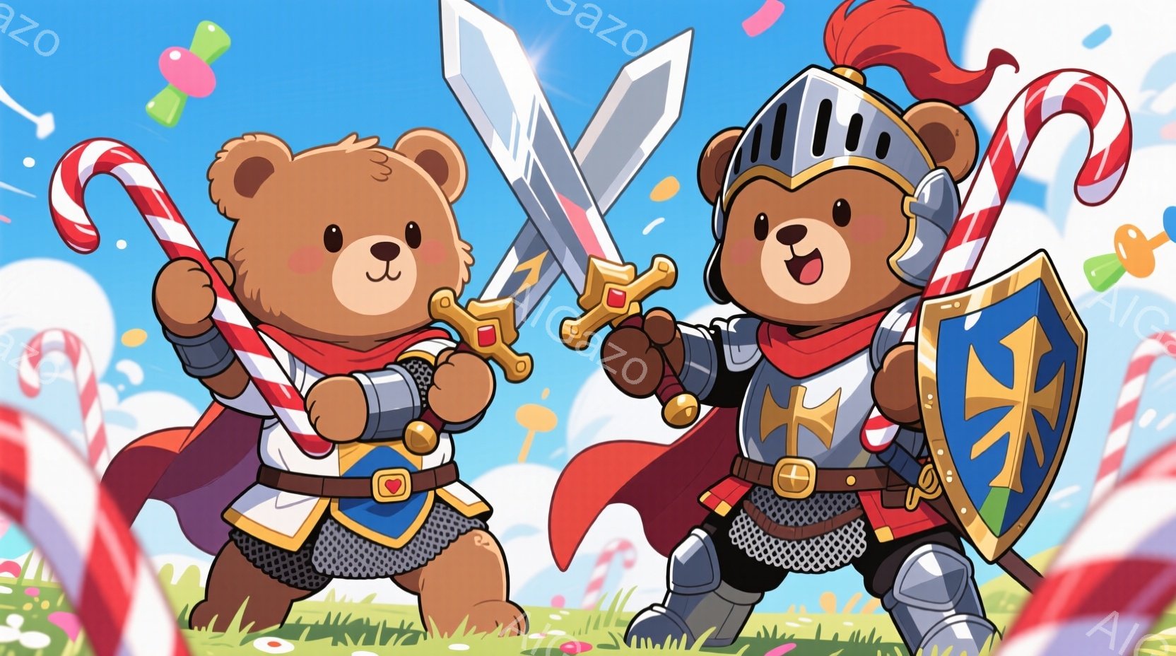 中世風の騎士の衣装を着た2匹のテディベアが描かれています。片方のベアは赤いマントと鎧を身に着け、剣を高く掲げています。背景は緑の草原と青空で、キャンディケインやカラフルなキャンディが散りばめられ、お祝 - AI生成フリー素材
