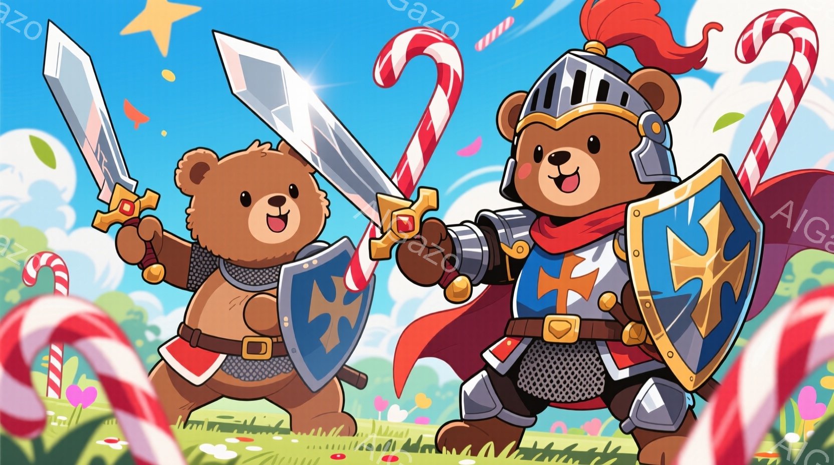 2匹のクマが中世騎士の衣装を身につけて、剣と盾を持って構えています。背景は緑の草原とカラフルなキャンディケーン、そして青い空と白い雲で、まるでファンタジー世界のようです。全体的に明るく陽気な雰囲気で、 - AI生成フリー素材