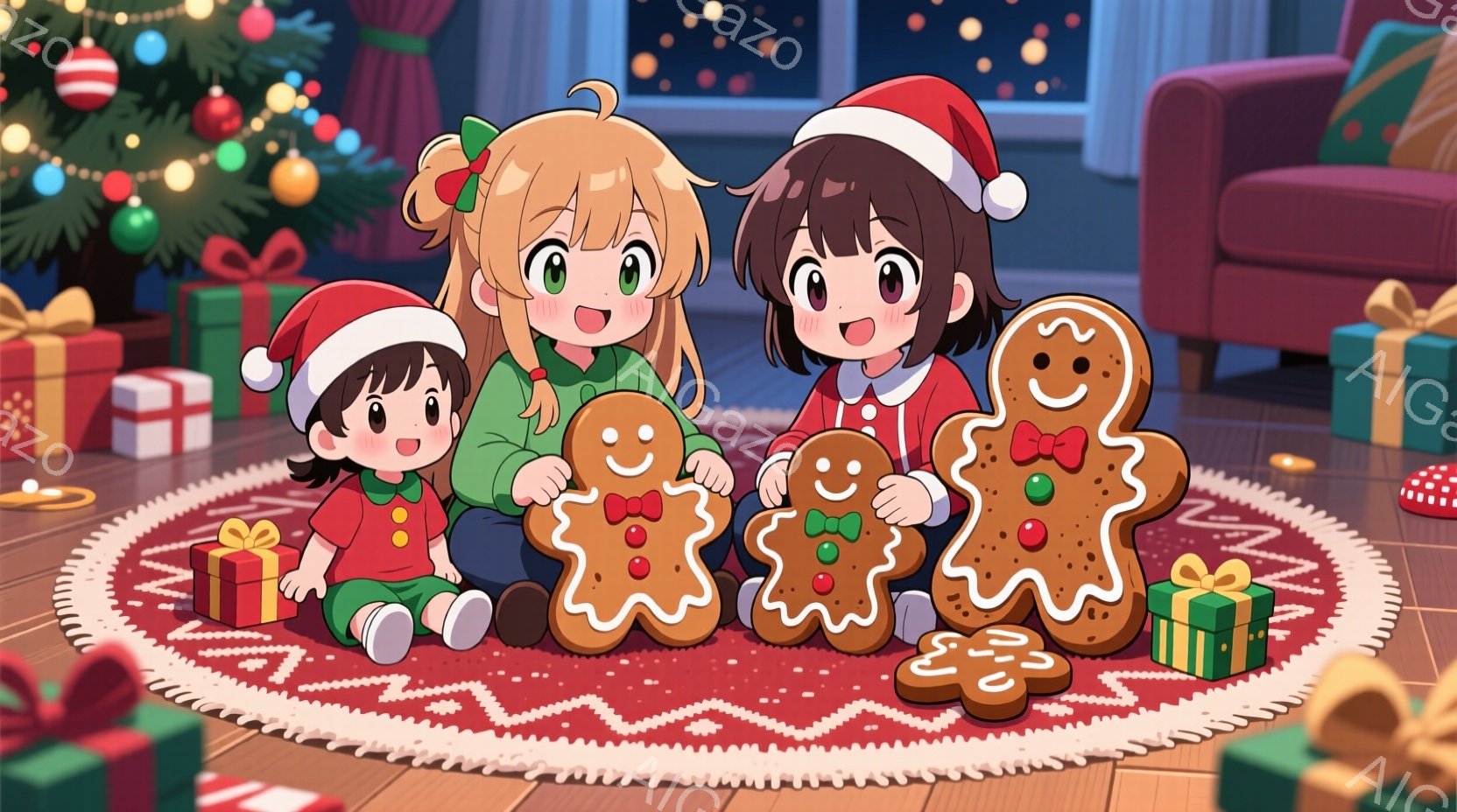 暖炉のそばのラグの上で、クリスマスツリーの周りにプレゼントが置かれた部屋で、３人の女の子がジンジャーブレッドクッキーを持って座っています。３人とも赤いサンタ帽をかぶり、緑や赤の冬らしい服装をしています - AI生成フリー素材