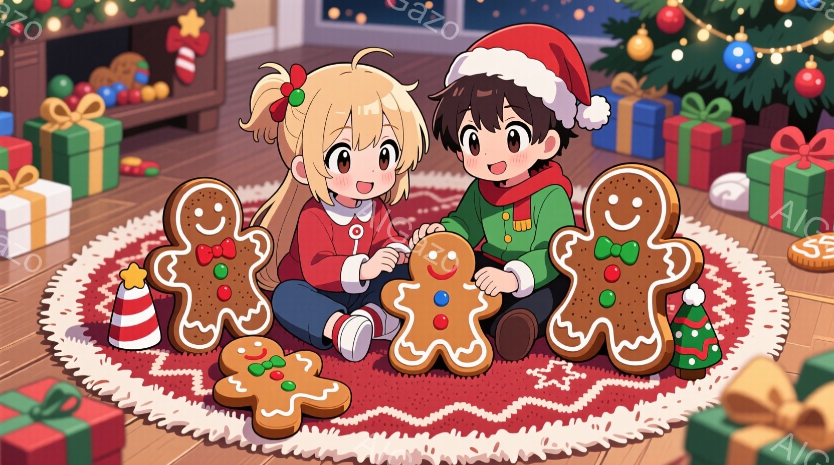 金髪の少女と黒髪の少年が赤い円形のカーペットの上に座り、それぞれジンジャーブレッドマンを持っている。少女は赤いリボンで髪を結び、白いセーターと赤いスカートを着ており、少年の頭にはサンタクロースの帽子があり、緑のセーターを着ている。背景にはクリスマスツリーとプレゼントの山が飾られ、温かく幸せなクリスマスの雰囲気を醸し出している。