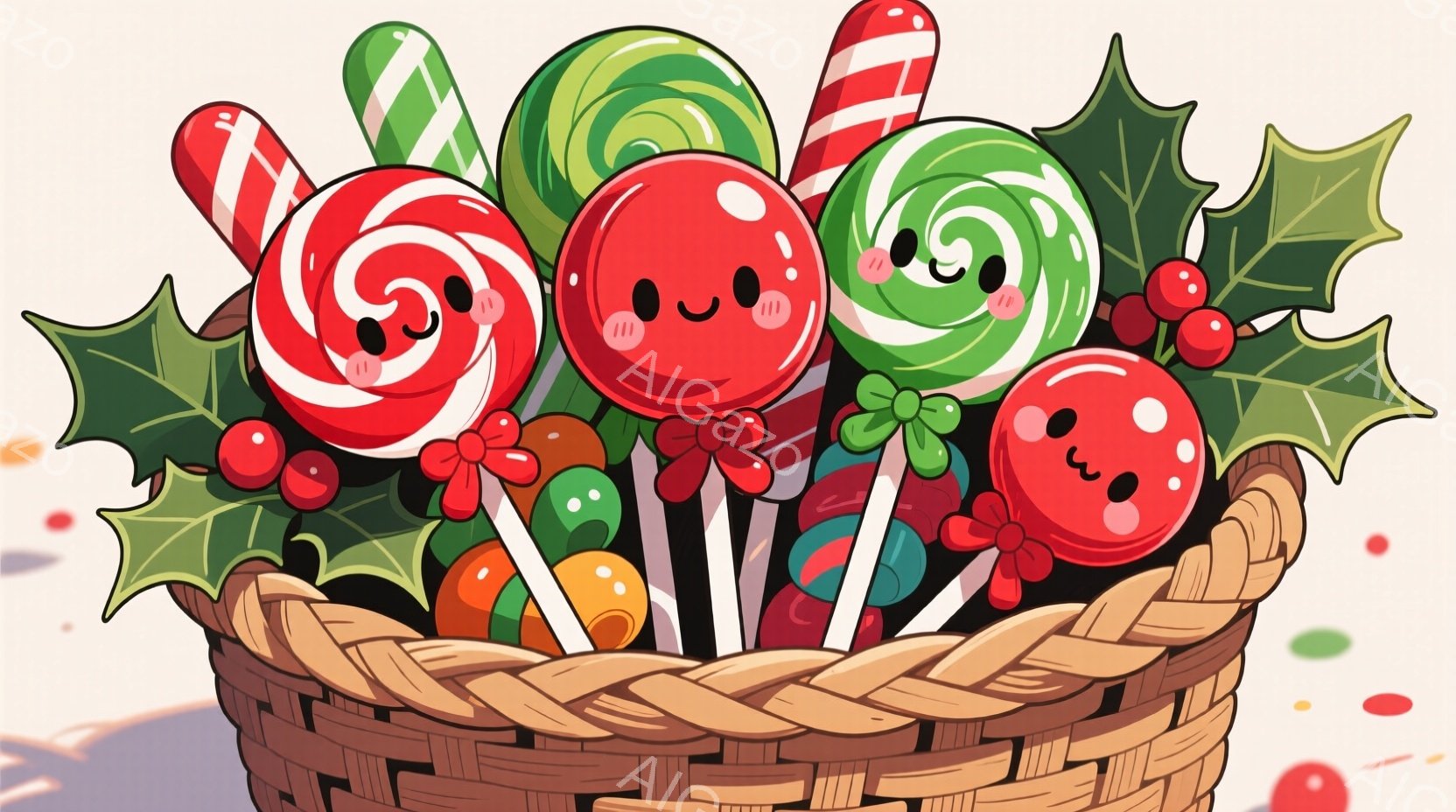 カラフルなキャンディが、編み込まれたバスケットにたっぷり詰まっています。キャンディは赤と白、緑と白の渦巻き模様で、それぞれ愛らしい顔が描かれており、リボンで飾られています。背景には、緑の葉と赤い実、そしてぼやけた水玉模様があり、全体的に暖かく、お祝いの雰囲気を醸し出しています。