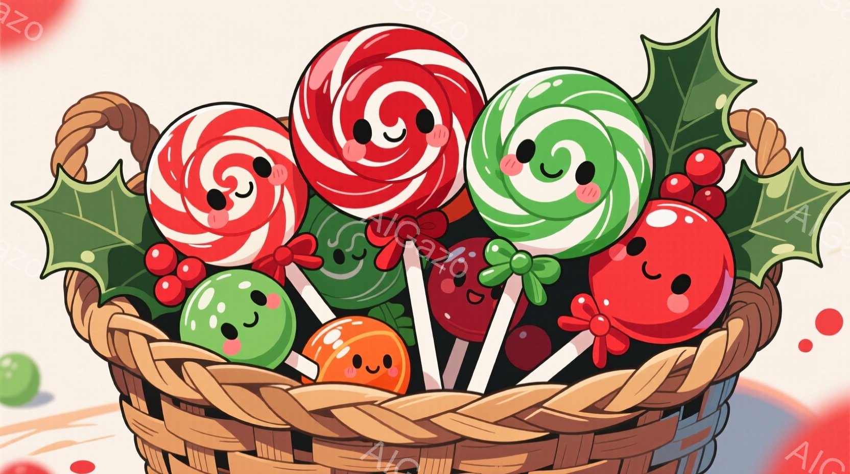 カラフルなキャンディがバスケットいっぱいに詰まった、可愛らしいイラストです。キャンディにはそれぞれ笑顔が描かれており、赤、緑、オレンジといった鮮やかな色が使用されています。背景は薄いピンク色で、全体的 - AI生成フリー素材