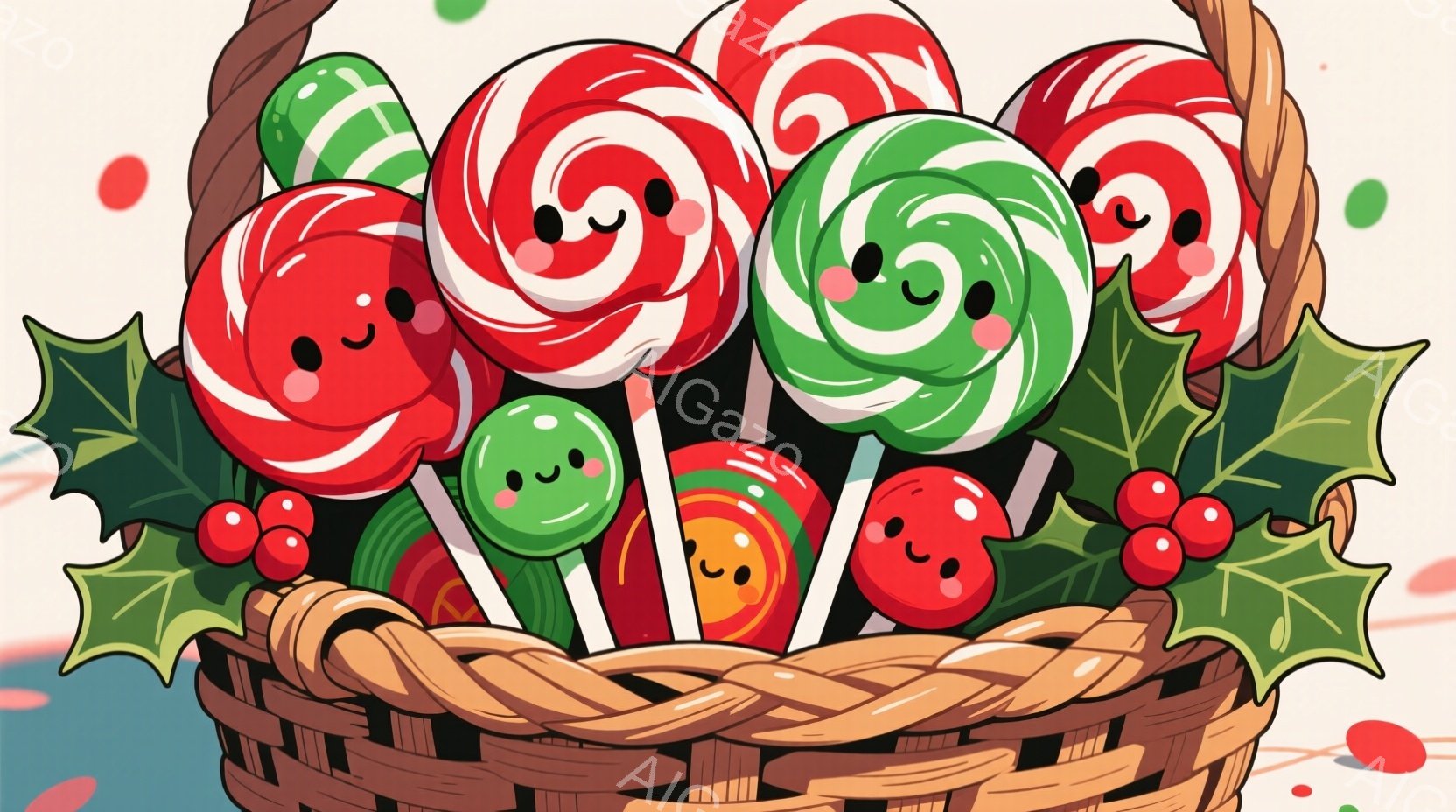 籠の中に、赤と白、または緑と白の渦巻き模様のキャンディーが詰まっています。キャンディーには愛らしい笑顔が描かれており、全体的に温かく、お祝いの雰囲気が漂っています。背景は淡い色で、小さな水玉模様があり、緑の葉と赤い実が添えられています。