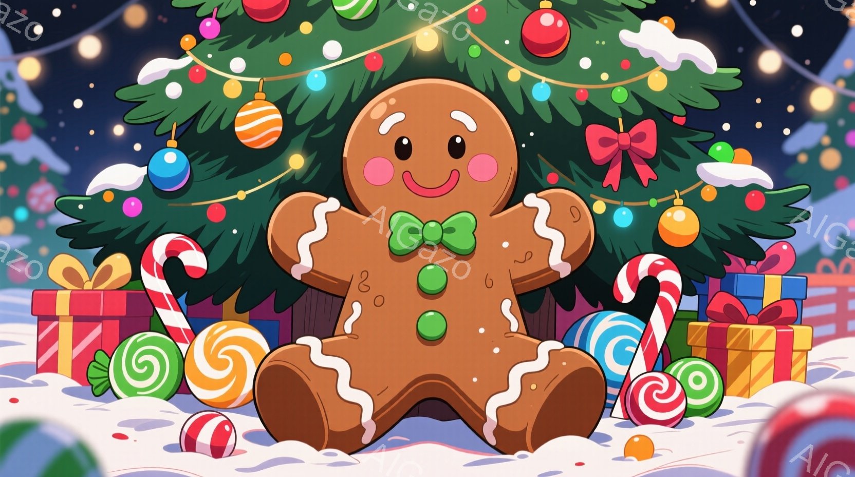 ジンジャーブレッドマンが雪景色の中でプレゼントやキャンディに囲まれて座っています。緑色のリボンをつけており、笑顔で可愛らしい表情をしています。背景にはクリスマスツリーが飾られ、雪が舞う冬の暖かく楽しい雰囲気が漂っています。