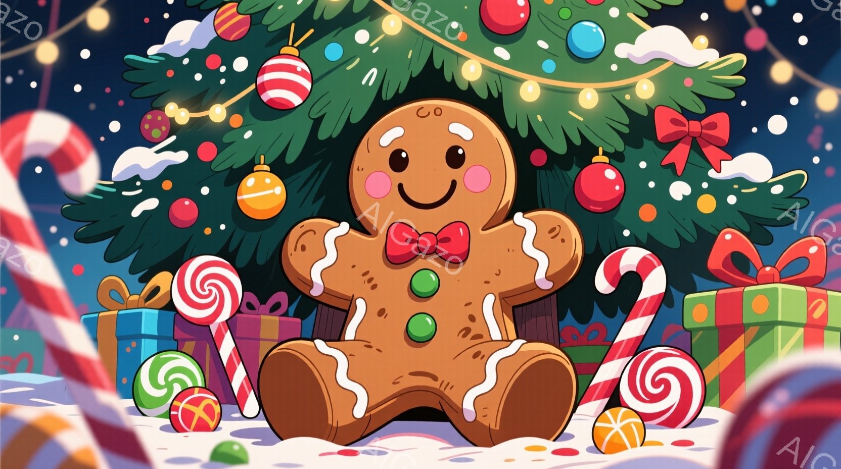 ジンジャーブレッドマンが雪の上に座っており、赤いリボンを付けている。背景にはクリスマスツリーが飾られ、キャンディケーンやプレゼントが散らばっている。全体的に暖かく、お祝いの雰囲気で、冬のホリデーシーズンを象徴している。