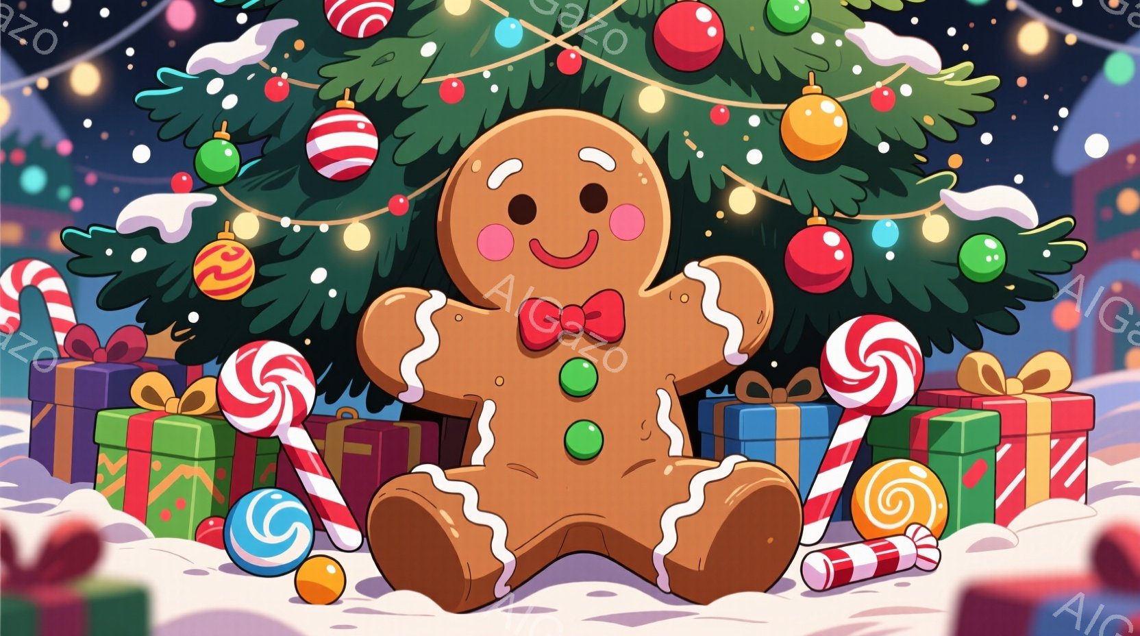 大きなクリスマスツリーの前で、ジンジャーブレッドマンが座っています。彼は赤いリボンと緑のキャンディの飾りがついており、笑顔で穏やかな表情をしています。背景には、カラフルなプレゼントとキャンディケーン、そして雪が舞う冬の景色が広がっています。