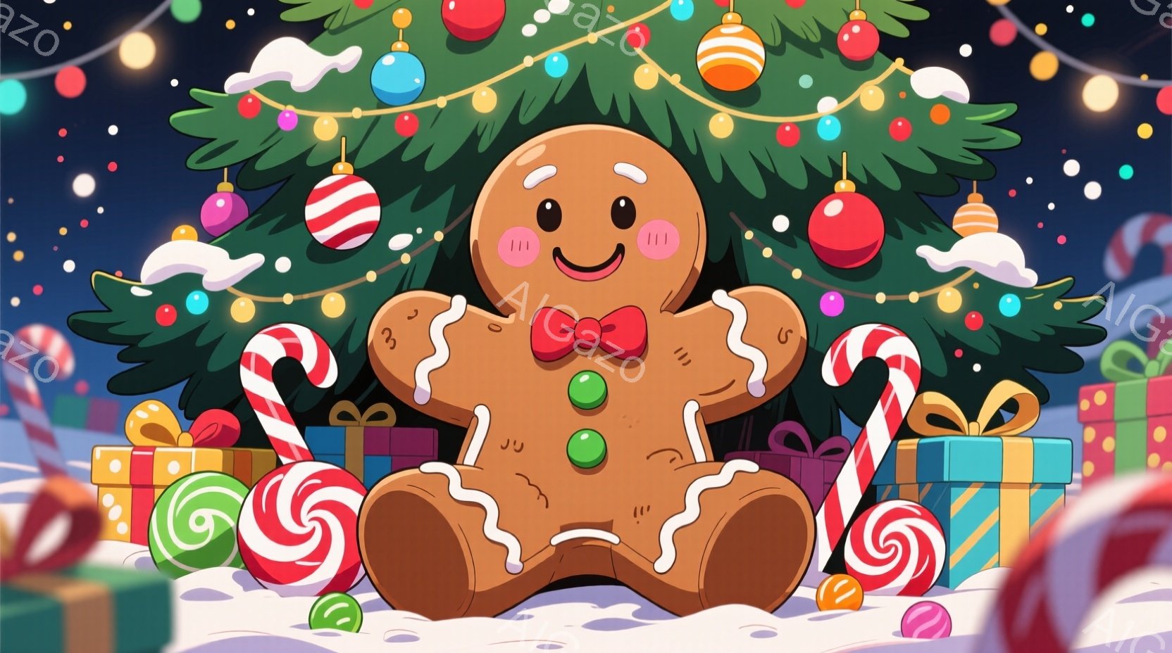 ジンジャーブレッドマンがプレゼントやキャンディで飾られた背景に座っています。顔は笑顔で、丸い頬は可愛らしく、赤いリボンがアクセントになっています。背景にはクリスマスツリーやカラフルなキャンディ、プレゼント箱があり、雪が舞い散る冬の暖かく楽しい雰囲気が漂っています。