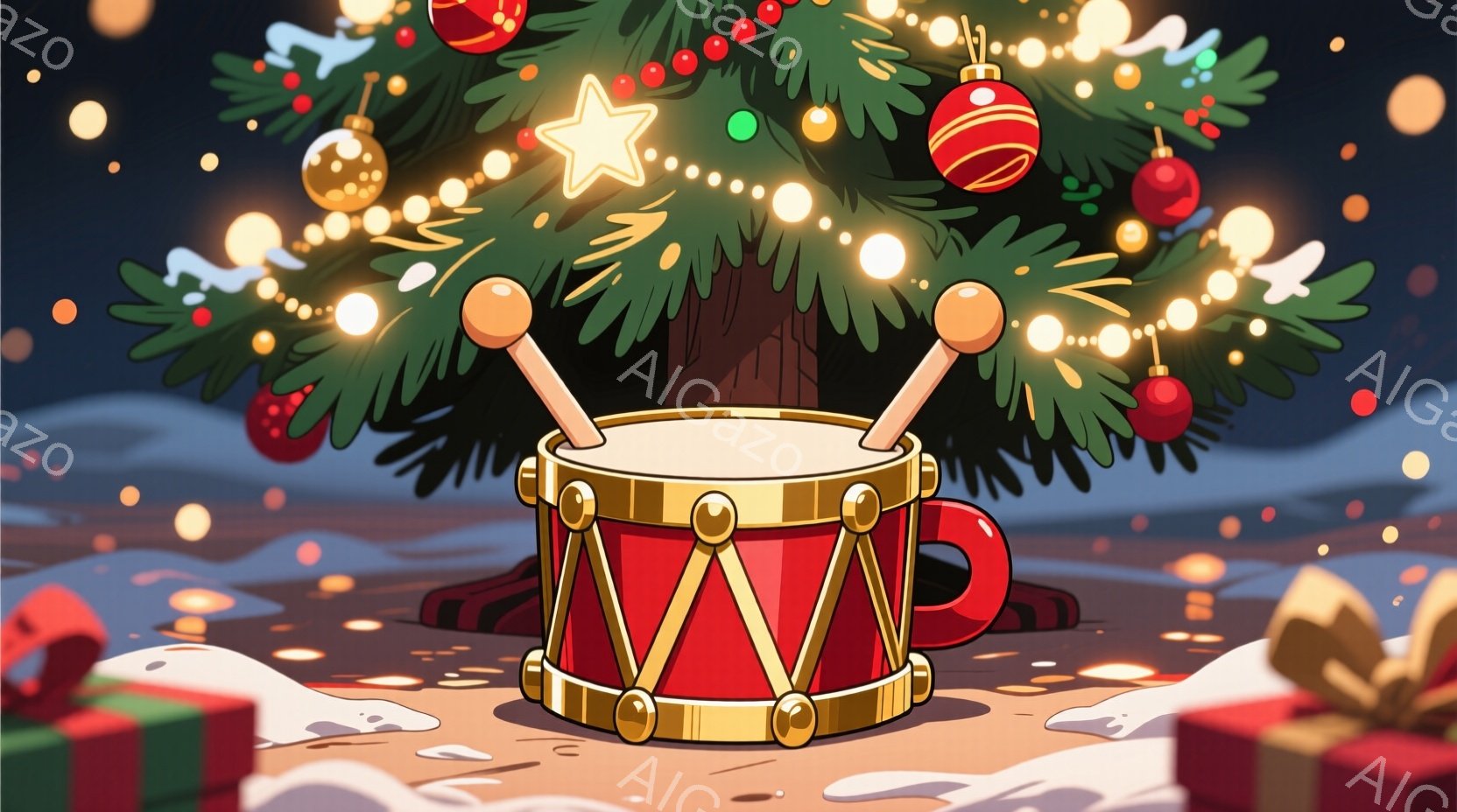 クリスマスツリーの前に金色のドラムとバトンが置かれています。ツリーは赤いオーナメント、金色の星、明るい電球で飾られ、背景には雪景色とギフトボックスが見えます。全体的に、華やかで温かいクリスマスの雰囲気が漂っています。