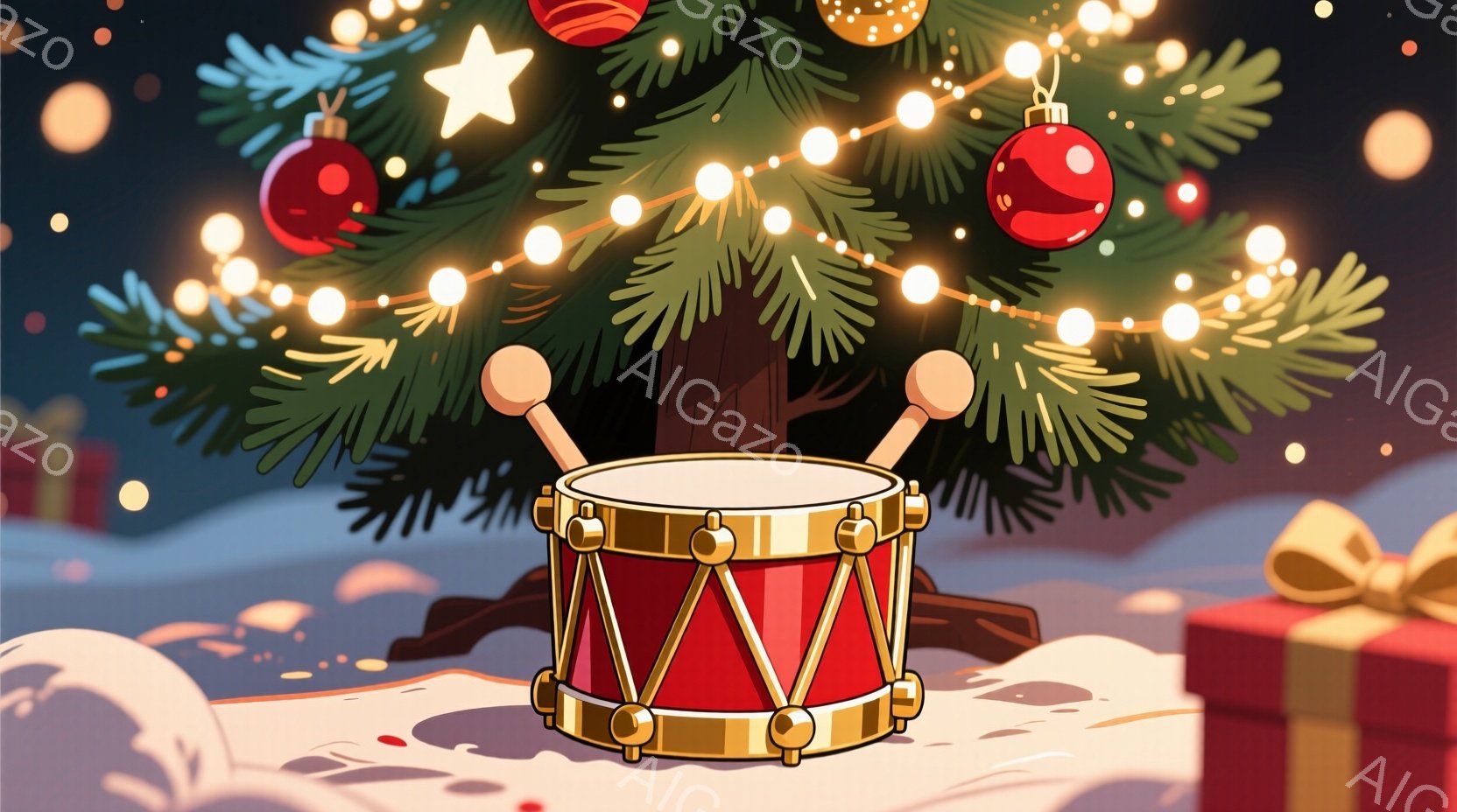 真っ赤なドラムセットが雪景色の中で輝いています。背景には、オーナメントで飾られたクリスマスツリーが暖かく灯っており、プレゼントボックスがいくつか見えます。全体的に、暖かく、お祝いムードに満ちた冬の光景です。