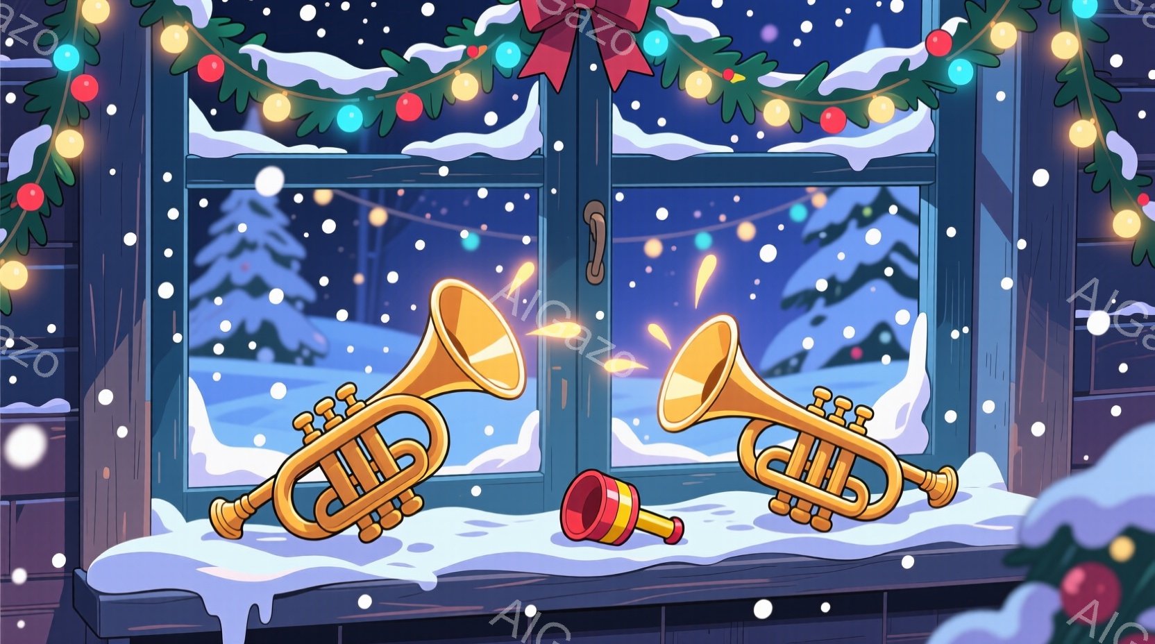 白い窓枠に、金色のトランペットが2本と赤い鐘が置かれています。背景には雪景色が広がり、遠くには木々が見え、雪が舞っています。窓の上には、クリスマスガーランドが飾られ、暖かくお祝いの雰囲気を醸し出しています。