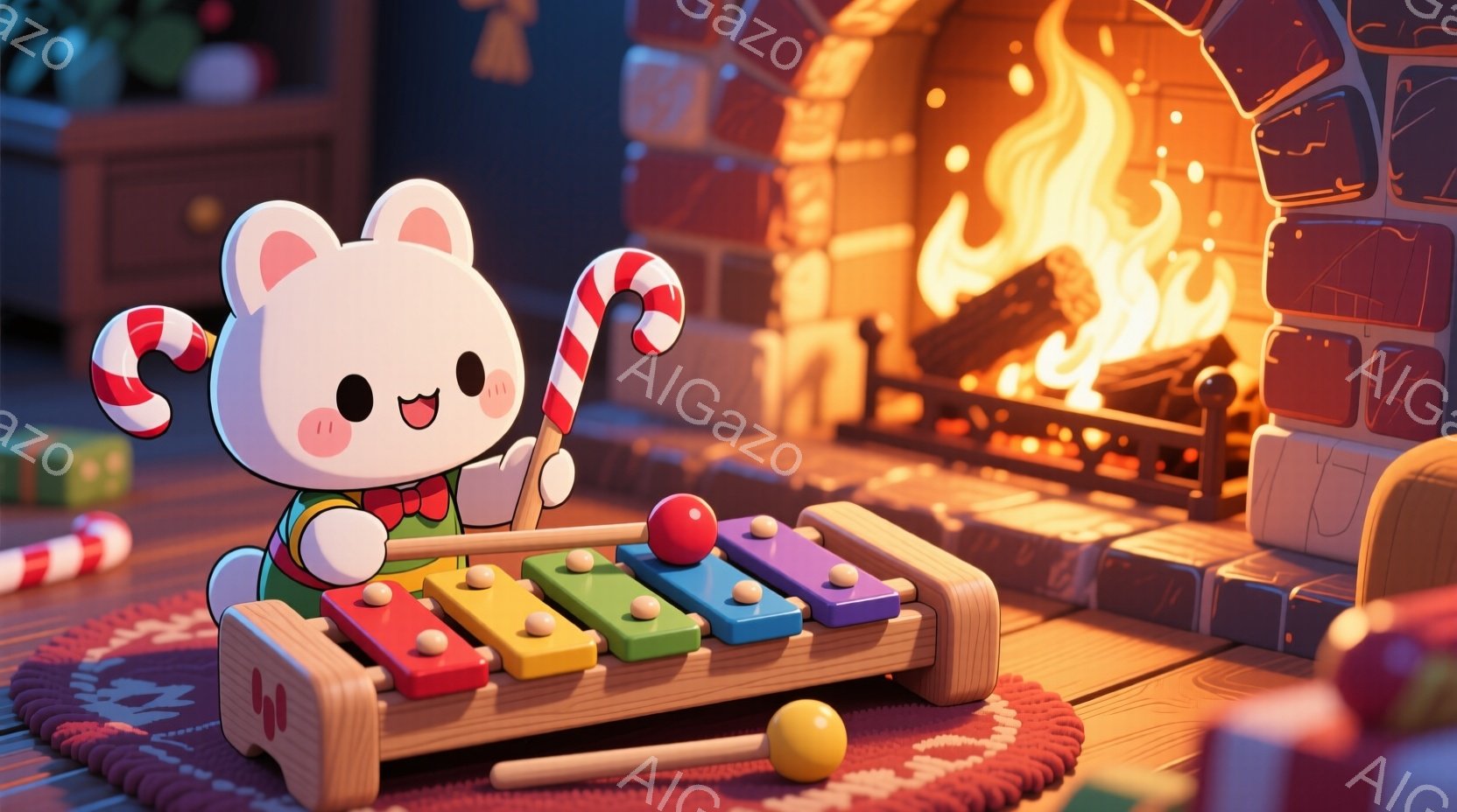 白いふわふわのウサギのキャラクターが、クリスマスカラーの木琴を演奏しています。赤い縞模様のキャンディケーンを持っており、緑色のリボンを結んだ可愛らしい姿です。背景にはレンガ造りの暖炉と、プレゼントの箱が散らばっており、暖かく優しいクリスマスの雰囲気を醸し出しています。