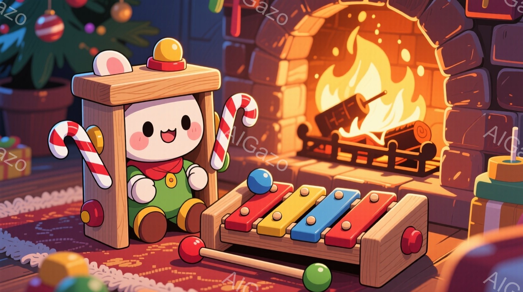 可愛らしいウサギのキャラクターが、クリスマスをテーマにした背景の前で木琴を演奏しています。緑色のセーターに赤い縞模様の帽子をかぶり、片手にキャンディケーンを持って微笑んでいます。背景には暖炉の炎が燃え盛り、クリスマスツリーやプレゼントが置かれ、温かく幸せなクリスマスの雰囲気が漂っています。