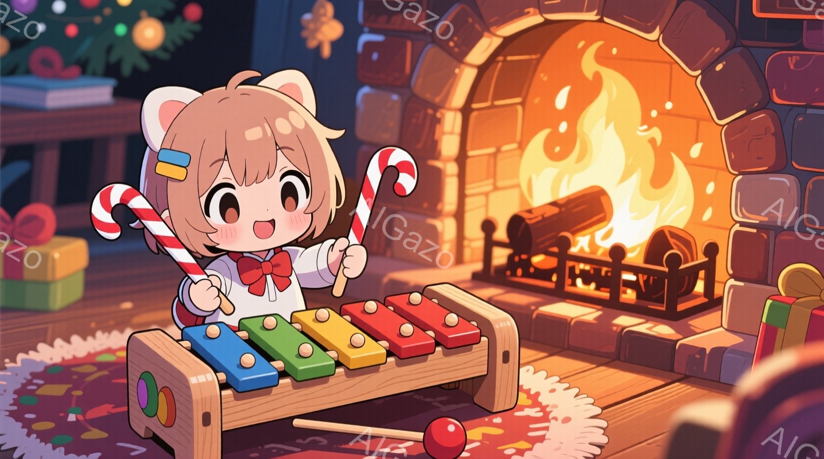 金髪の短い髪にリボンをつけた少女が、クリスマスの装飾が施された部屋で木琴を演奏しています。彼女は白いセーターと赤いリボンで飾られ、頬を赤らめて嬉しそうに微笑んでいます。背景には暖炉の火が燃え、プレゼントの箱が積み重ねられており、全体的に温かく、お祝いムードに満ちた雰囲気です。