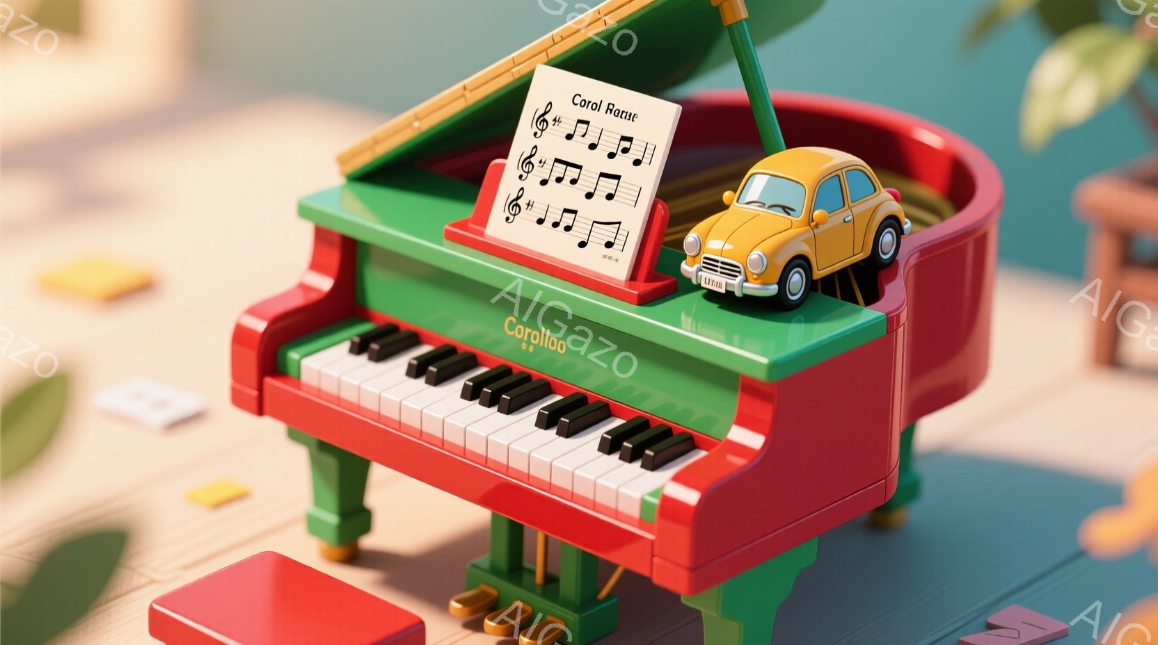 赤と緑のミニチュアのピアノが、明るい木製の床の上に置かれています。楽譜が譜面台に乗っており、ピアノの上には黄色いクラシックカーが可愛らしく飾られています。背景にはぼやけた色のパッチワークがあり、全体的に温かく、遊び心のある雰囲気です。