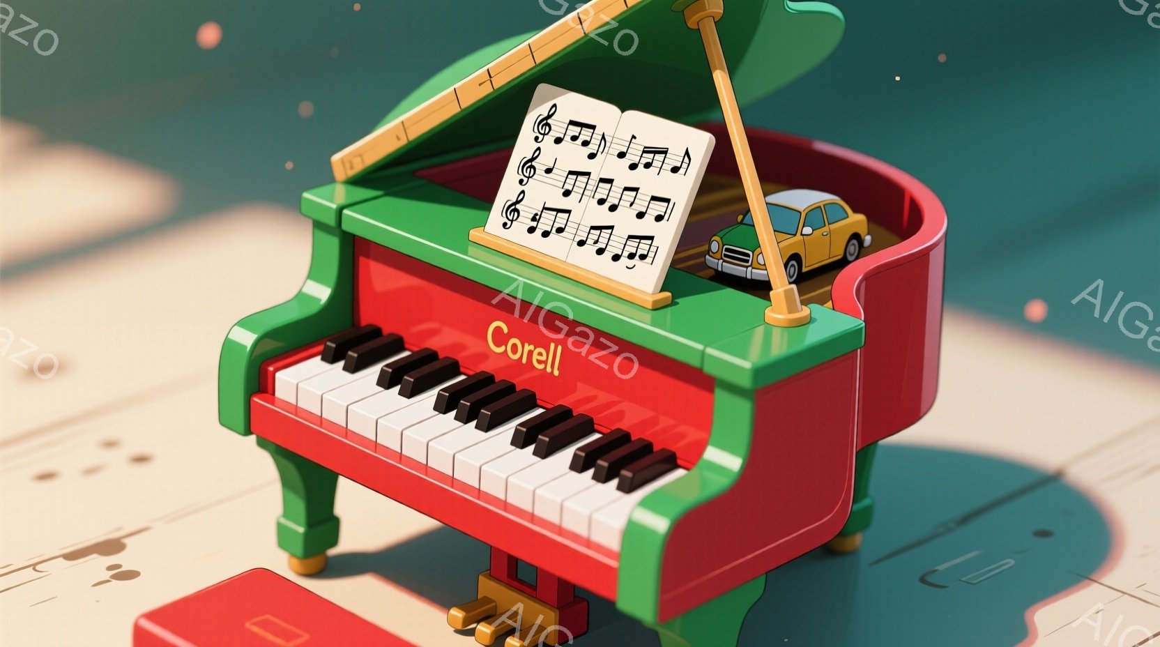 真っ赤なボディに緑色の装飾が施されたミニピアノが、明るい木製の床の上に置かれています。楽譜スタンドには音符が書かれた楽譜と、黄色いクラシックカーのミニチュアが飾られています。全体的に、遊び心があり、カ - AI生成フリー素材
