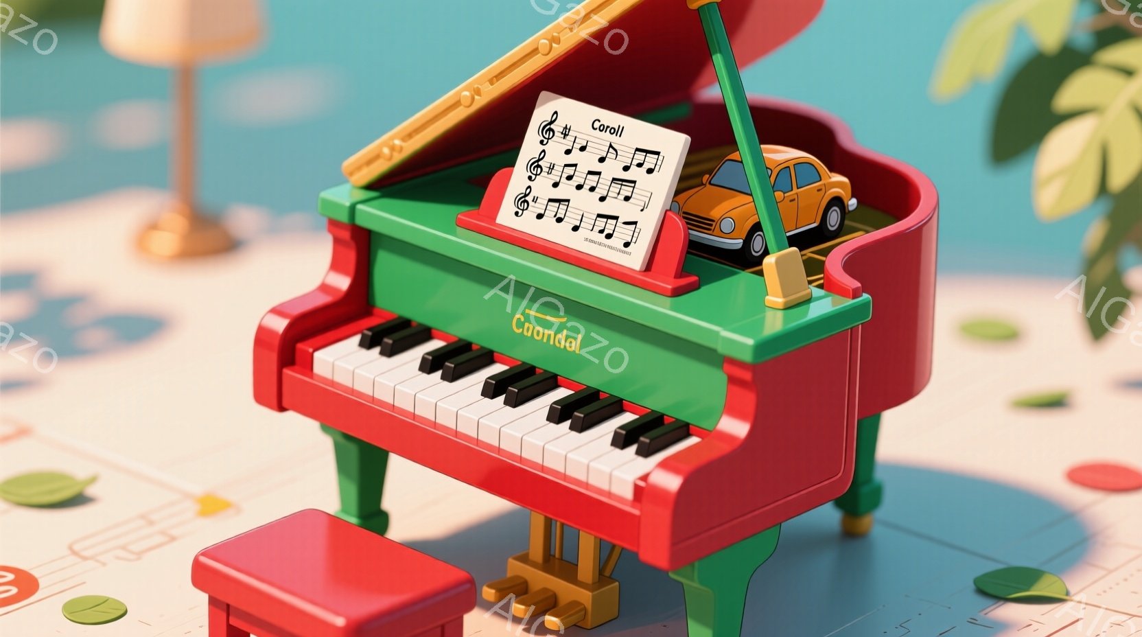明るい赤色のアップライトピアノが、緑色の芝生の上に置かれています。ピアノの上には楽譜が立てかけられ、その上に小さな黄色の車が乗っています。背景は緑豊かな植物と鮮やかな色の地面で、陽気で遊び心のある雰囲気を醸し出しています。