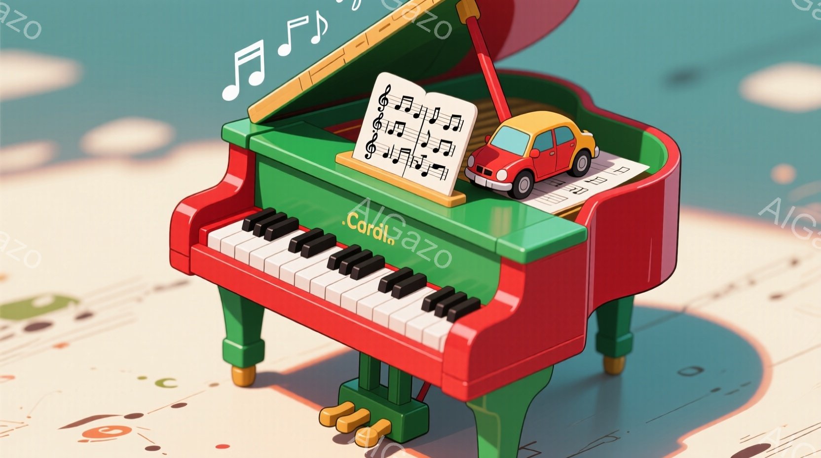 赤と緑のミニチュアピアノが、楽譜の上に置かれた赤い車と一緒に写っている。背景には、明るい水色と茶色のパターンが描かれており、まるで音楽が流れる遊園地の地面のようである。全体的にポップで遊び心のある雰囲気で、子供向けのイラストレーションのようである。
