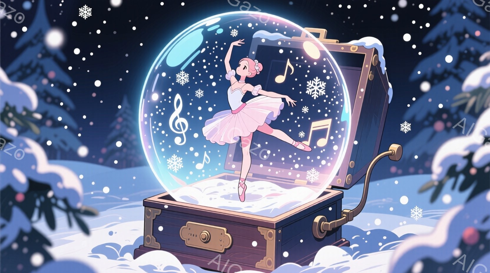 バレリーナが音楽ボックスの中から踊っている様子が描かれています。ピンクのチュチュとリボン、編み込みのヘアスタイルで、優雅なポーズをとっています。背景は雪景色で、音楽記号や雪の結晶が舞い、幻想的な雰囲気を醸し出しています。