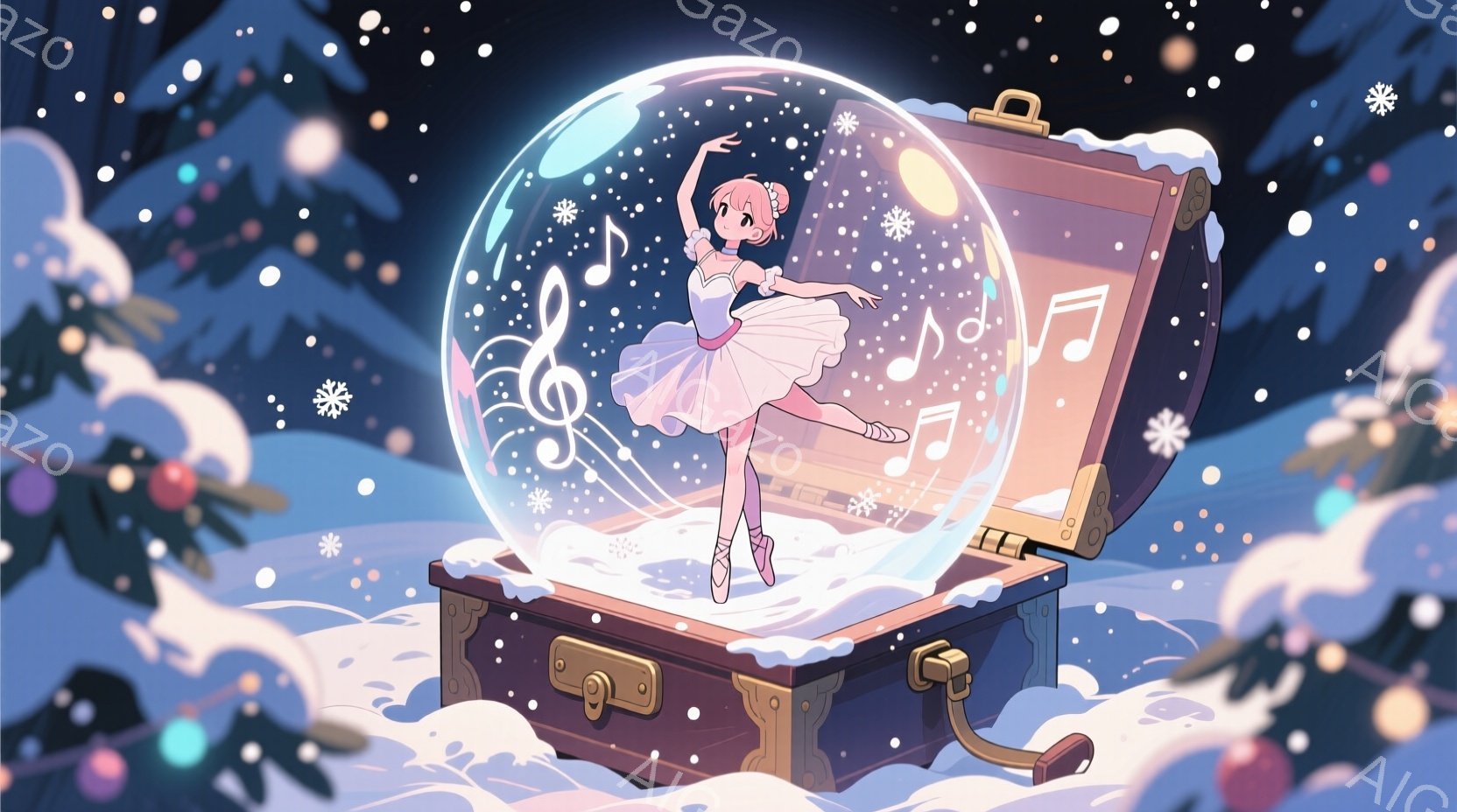 バレリーナの少女が、音楽箱のような透明なドームの中で踊っています。彼女はピンクのチュールスカートと、リボンで結んだ髪、そして微笑んだ表情で優雅なポーズをとっています。背景には雪が舞い、深い緑の木々と雪 - AI生成フリー素材