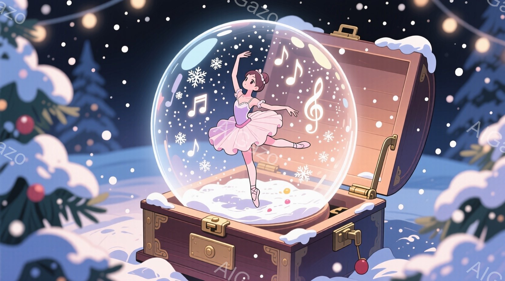 バレリーナが雪が舞うガラスの球体の中にいます。彼女はピンクのチュールスカートと白いレオタードを着ており、頭にはリボンが付いています。球体は木製の宝箱の上に置かれており、背景には緑の葉と赤い実の付いた植物が見え、雪が降っています。