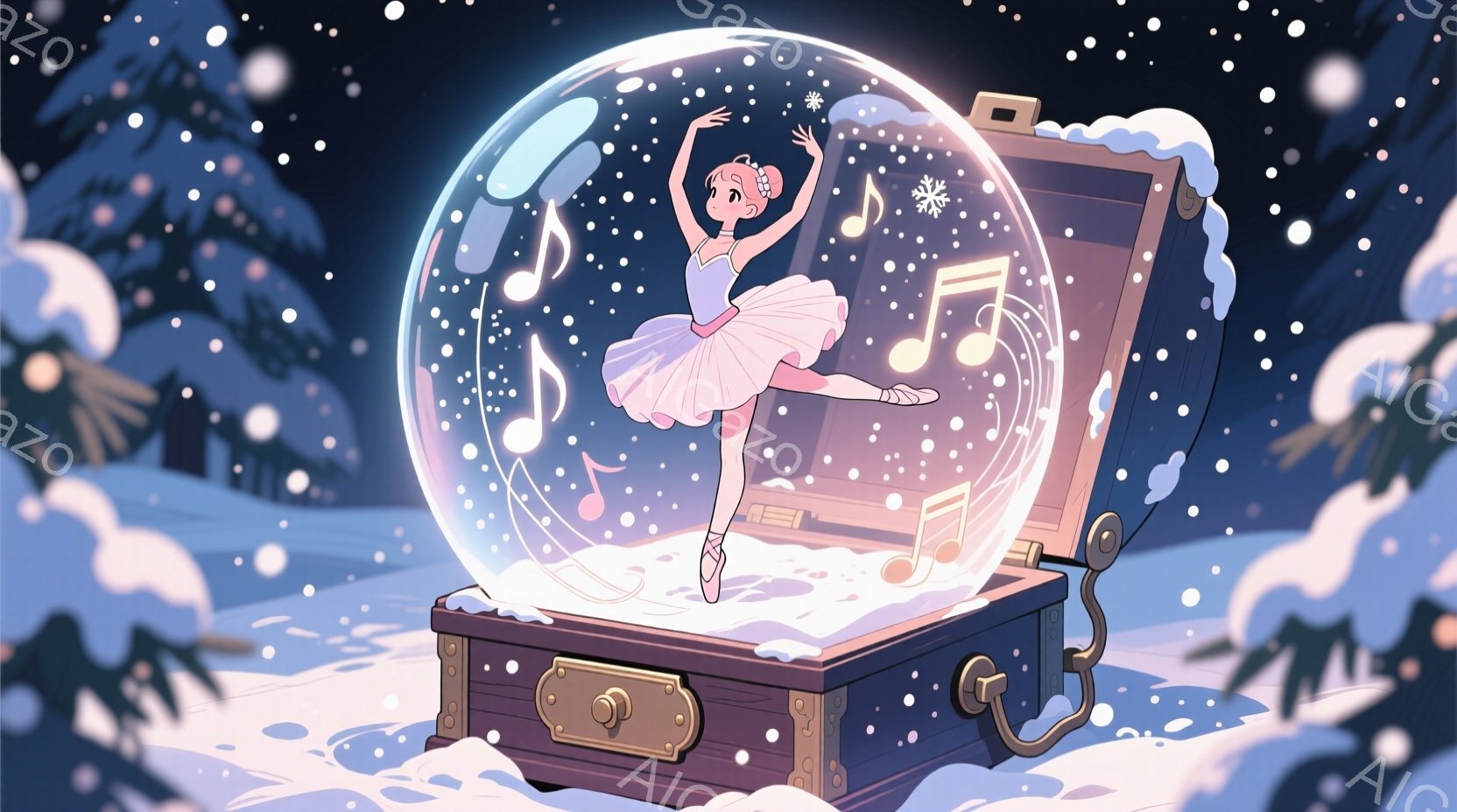 バレリーナが音楽盒の中で踊っている様子が描かれています。彼女は薄いピンク色のチュールスカートと白いレオタードを着ており、髪は高い位置でまとめられ、リボンで飾られています。背景は雪景色で、音楽記号が浮かび、幻想的でロマンチックな雰囲気を醸し出しています。