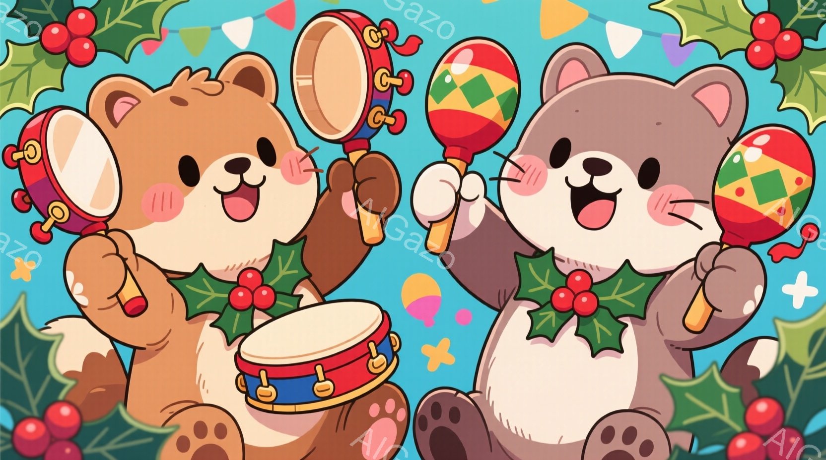 可愛らしいクマのキャラクターが2匹、カラフルなマラカスと太鼓を持って楽しそうに踊っています。背景には赤い実のついた葉っぱやカラフルな紙吹雪が散りばめられ、お祝いの雰囲気を醸し出しています。全体的に暖かく、陽気なクリスマスの雰囲気を感じさせるイラストです。