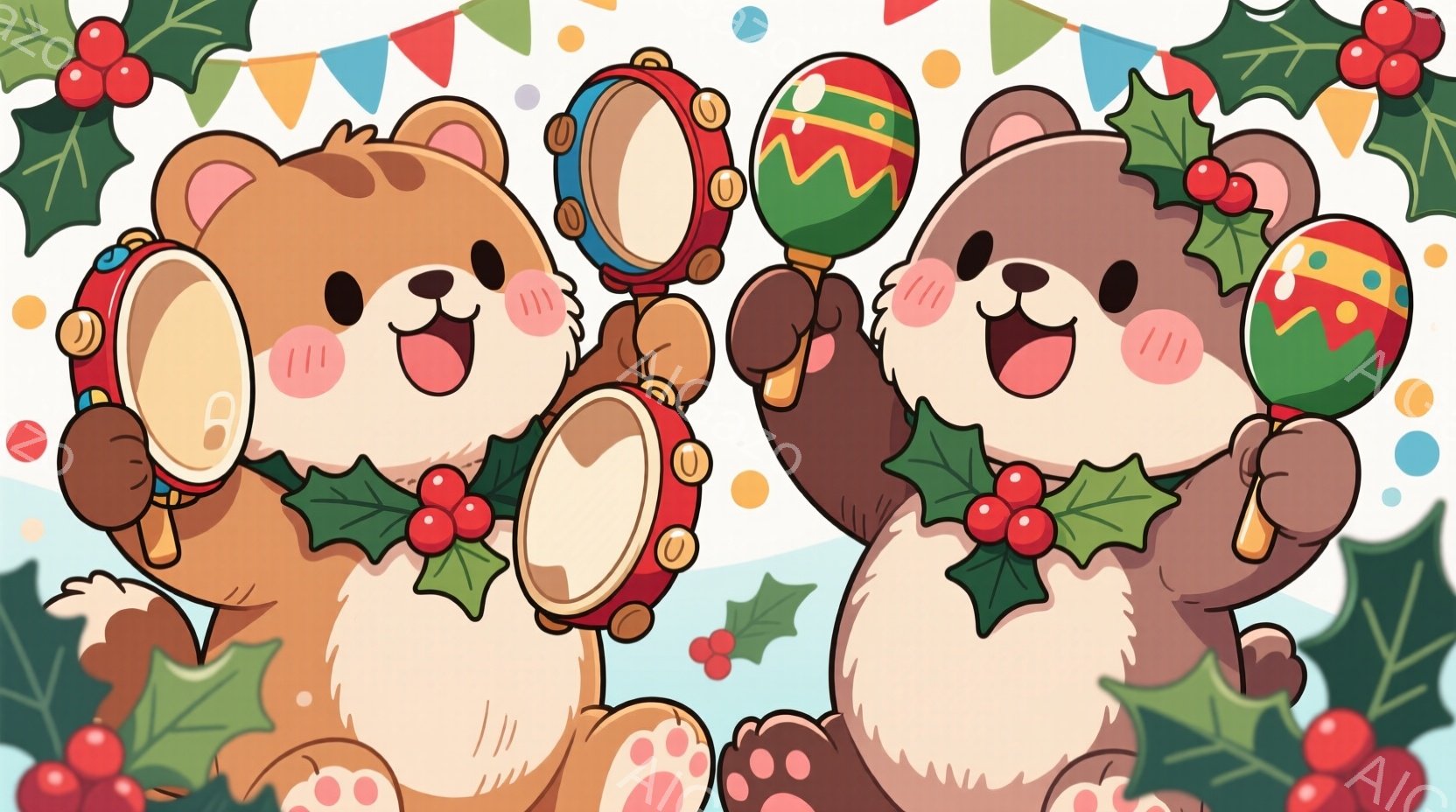 可愛らしいクマのイラストが2匹描かれており、それぞれマラカスを持って楽しそうに踊っています。クマたちはクリーム色の体に茶色のアクセントがあり、赤い実のついた葉っぱの飾りをつけています。背景には、赤い実のついた葉っぱやカラフルな旗が散りばめられており、お祝いムードを演出しています。